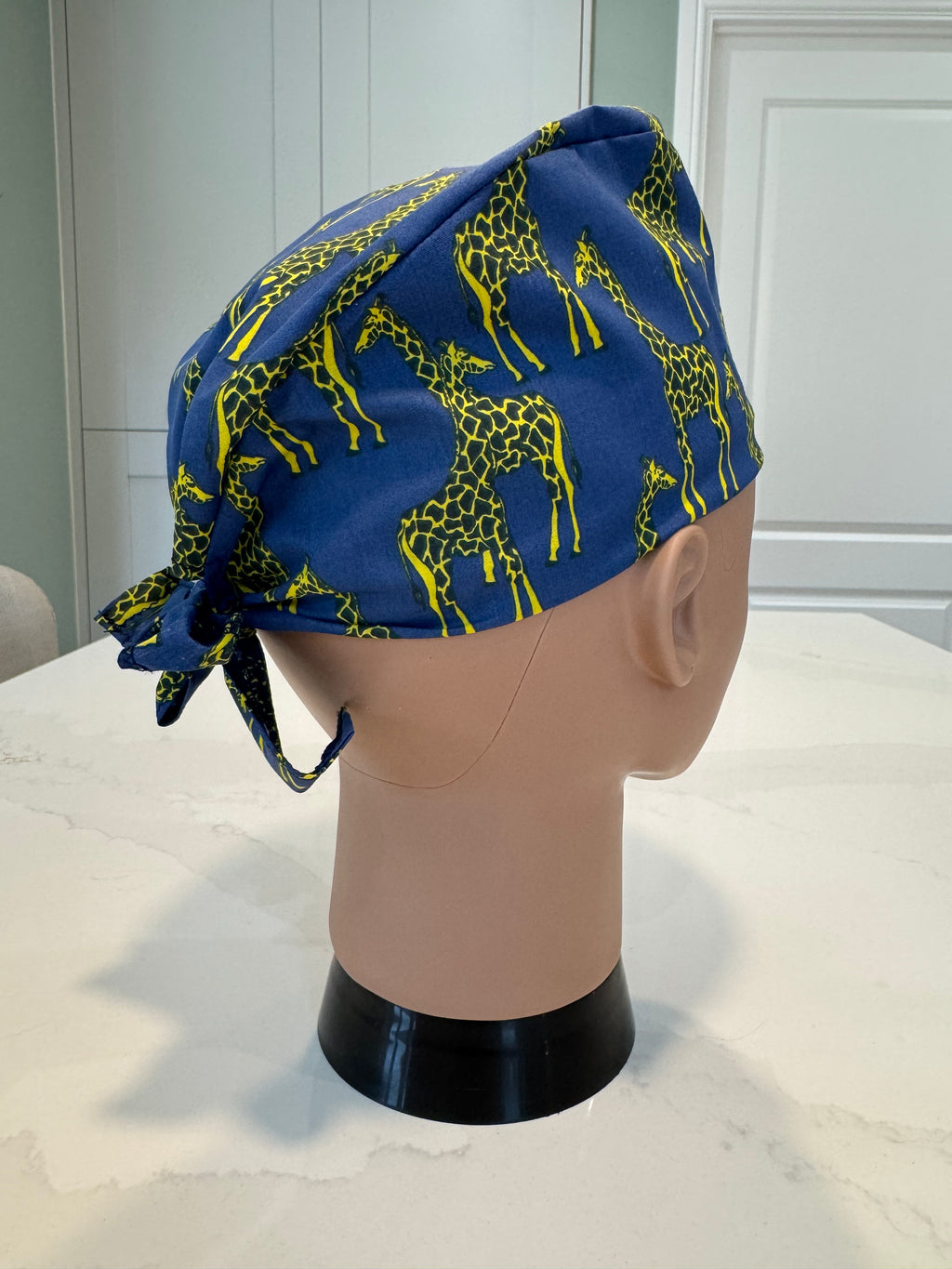 Blue Giraffes Animals Cotton Fabric tie-back theatre scrub cap / hat.  Ethically made.