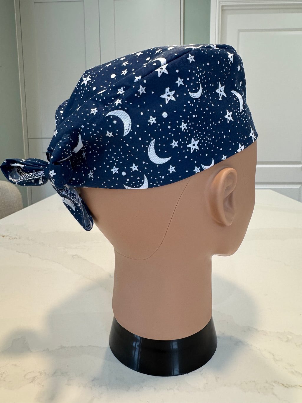 Moon and Stars design Cotton Fabric tie-back theatre scrub cap / hat.  Ethically made.