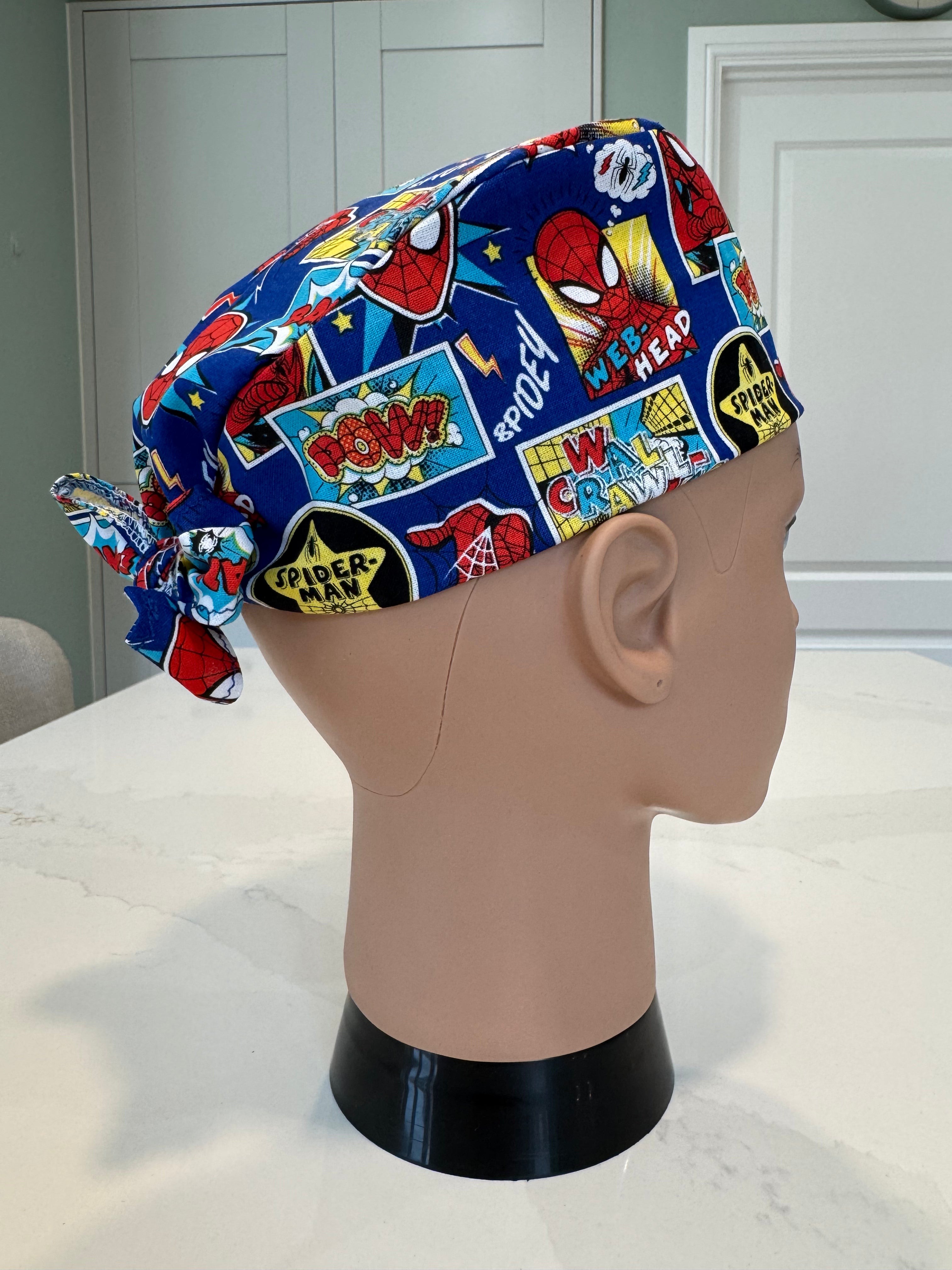 Spiderman/ Spidey design Cotton Fabric tie-back theatre scrub cap / hat.  UK handmade