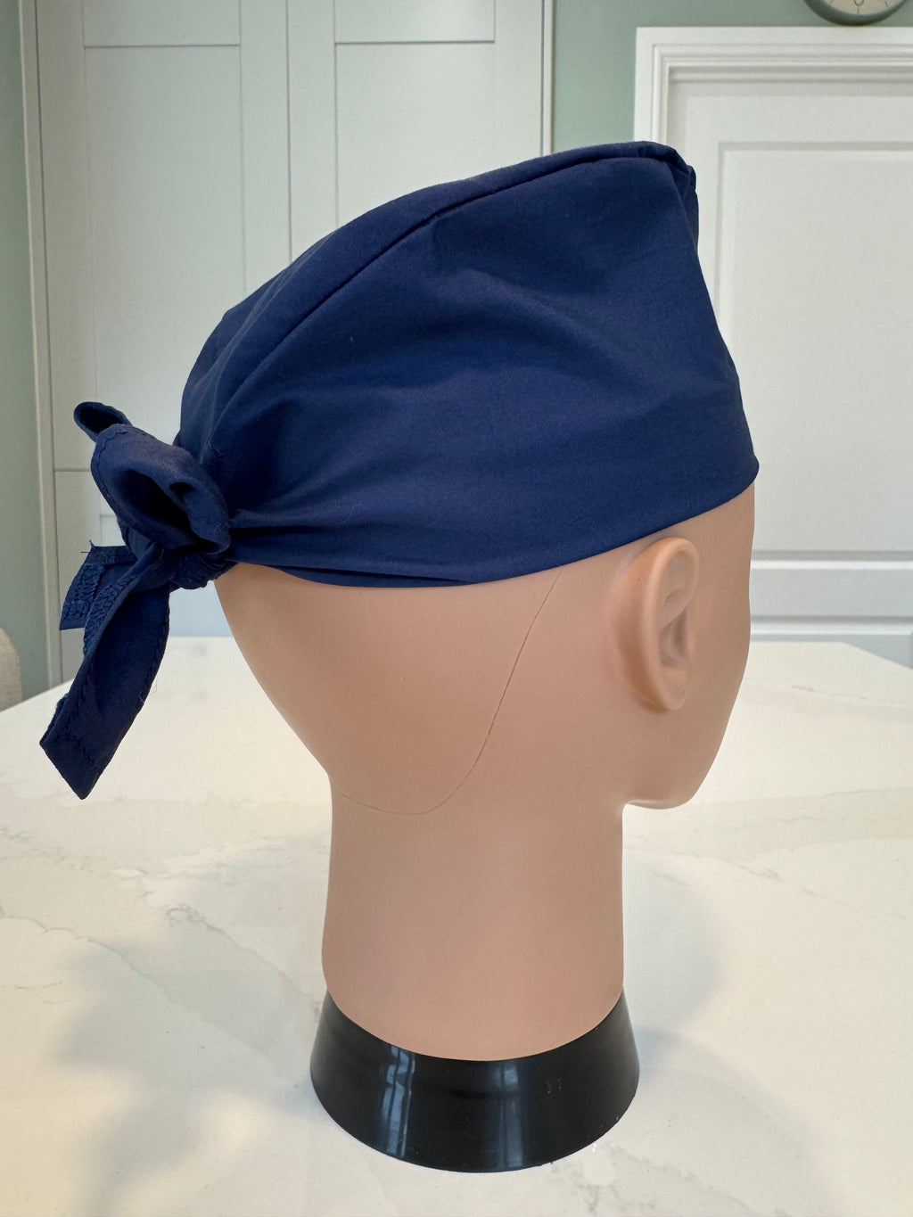 Plain Navy Cotton Fabric tie-back theatre scrub cap / hat.  Ethically made