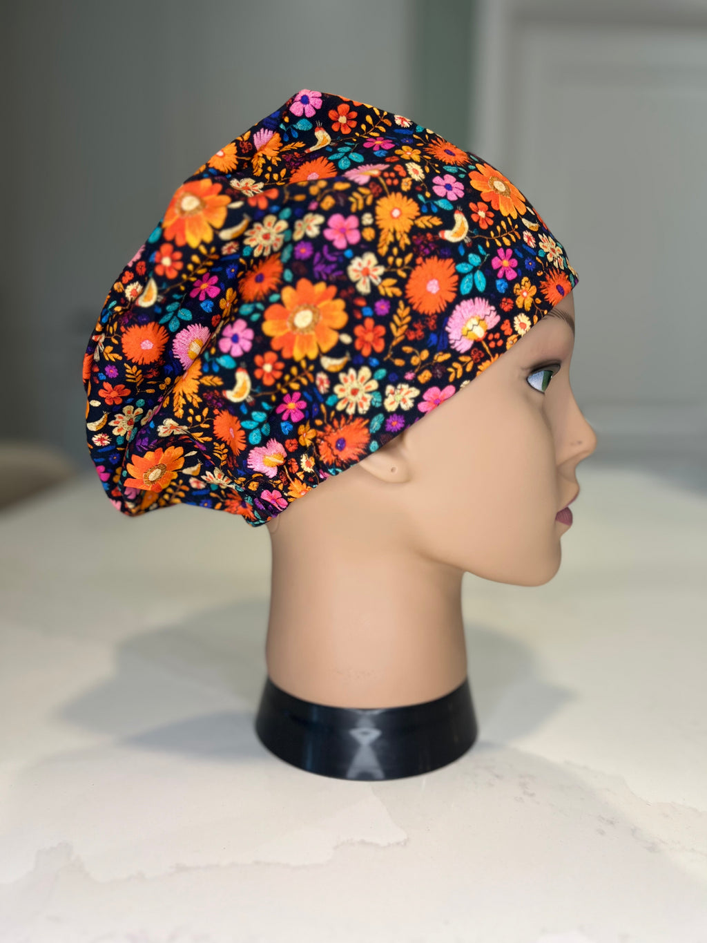Black Vivid Floral Soft Jersey Fabric theatre scrub cap / hat.  Ethically made. Standard and Large size