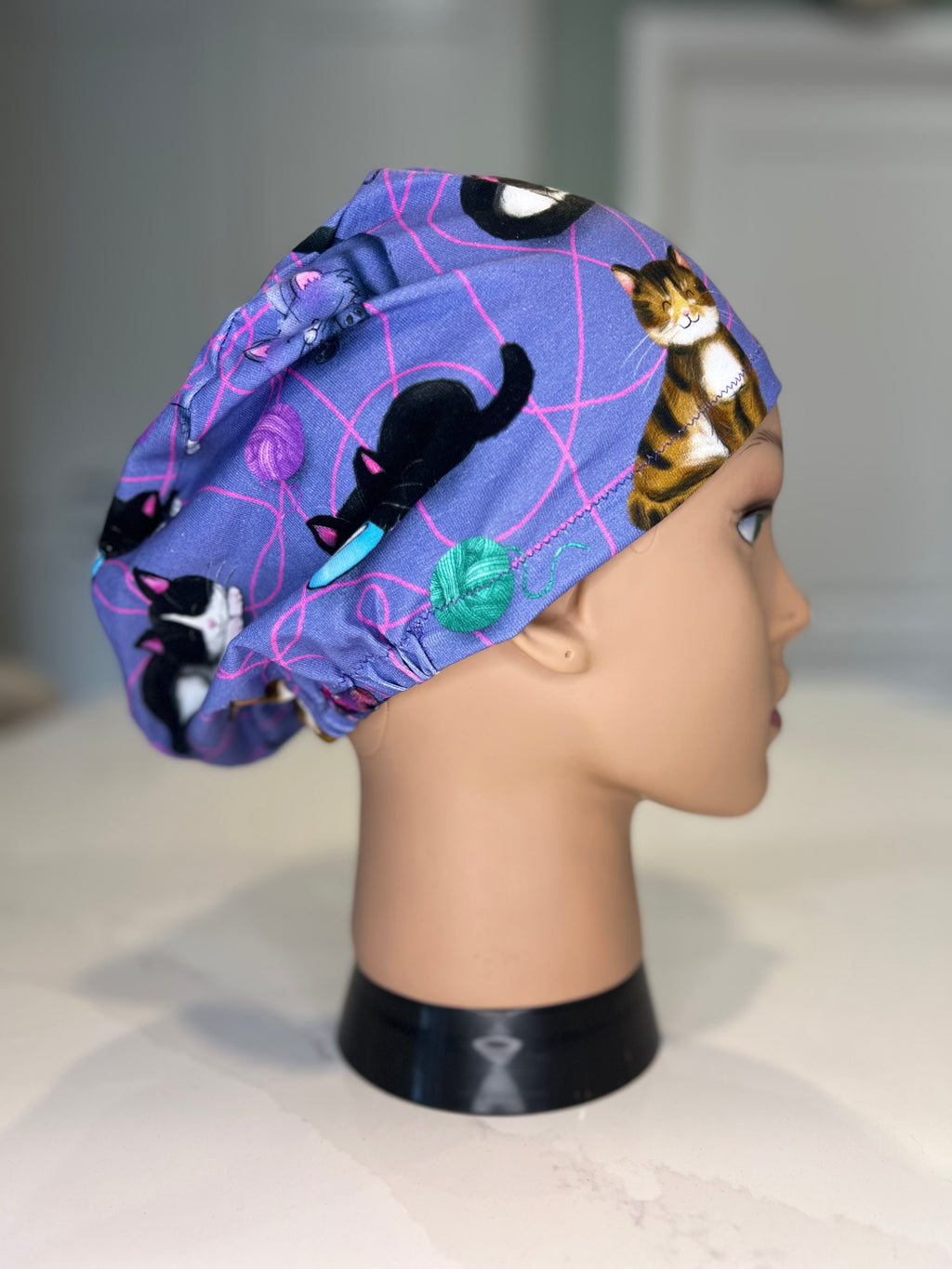 Cats in a Tangle design Soft Jersey Fabric theatre scrub cap / hat.  Ethically made.