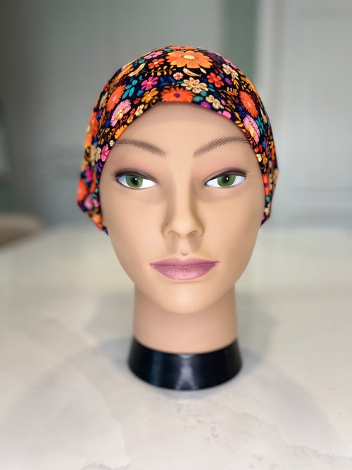 Black Vivid Floral Premium Cotton Jersey Super Soft Surgical/Theatre Scrub Hat/Cap. UK Handmade