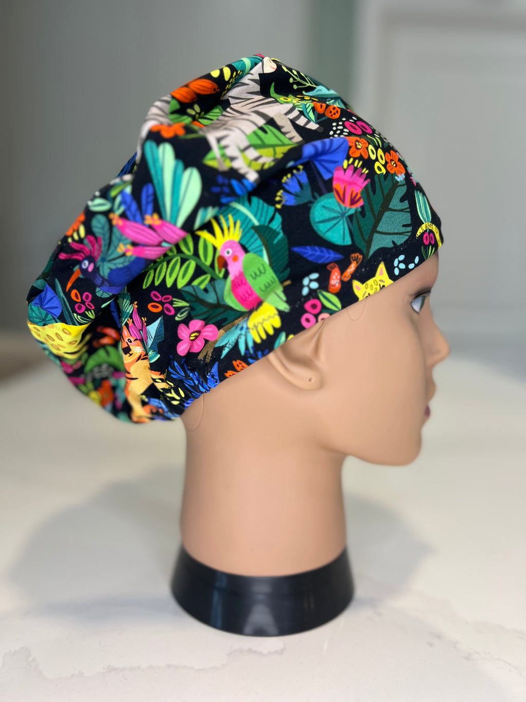 Rainforest Jungle Soft Jersey Fabric theatre scrub cap / hat.  Ethically made. Standard and Large size