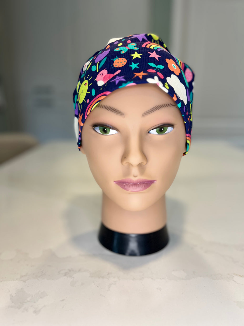 Navy Sunny Skies Soft Jersey Fabric theatre scrub cap / hat.  Ethically made. Standard and Large size