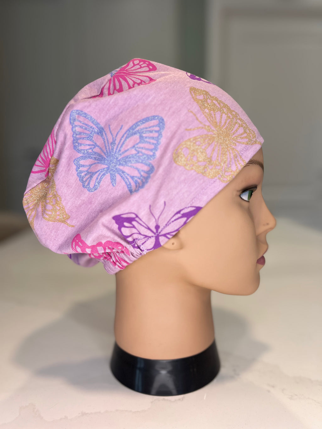 Lilac Butterfly Soft Jersey Fabric theatre scrub cap / hat.  Ethically made. Standard and Large size