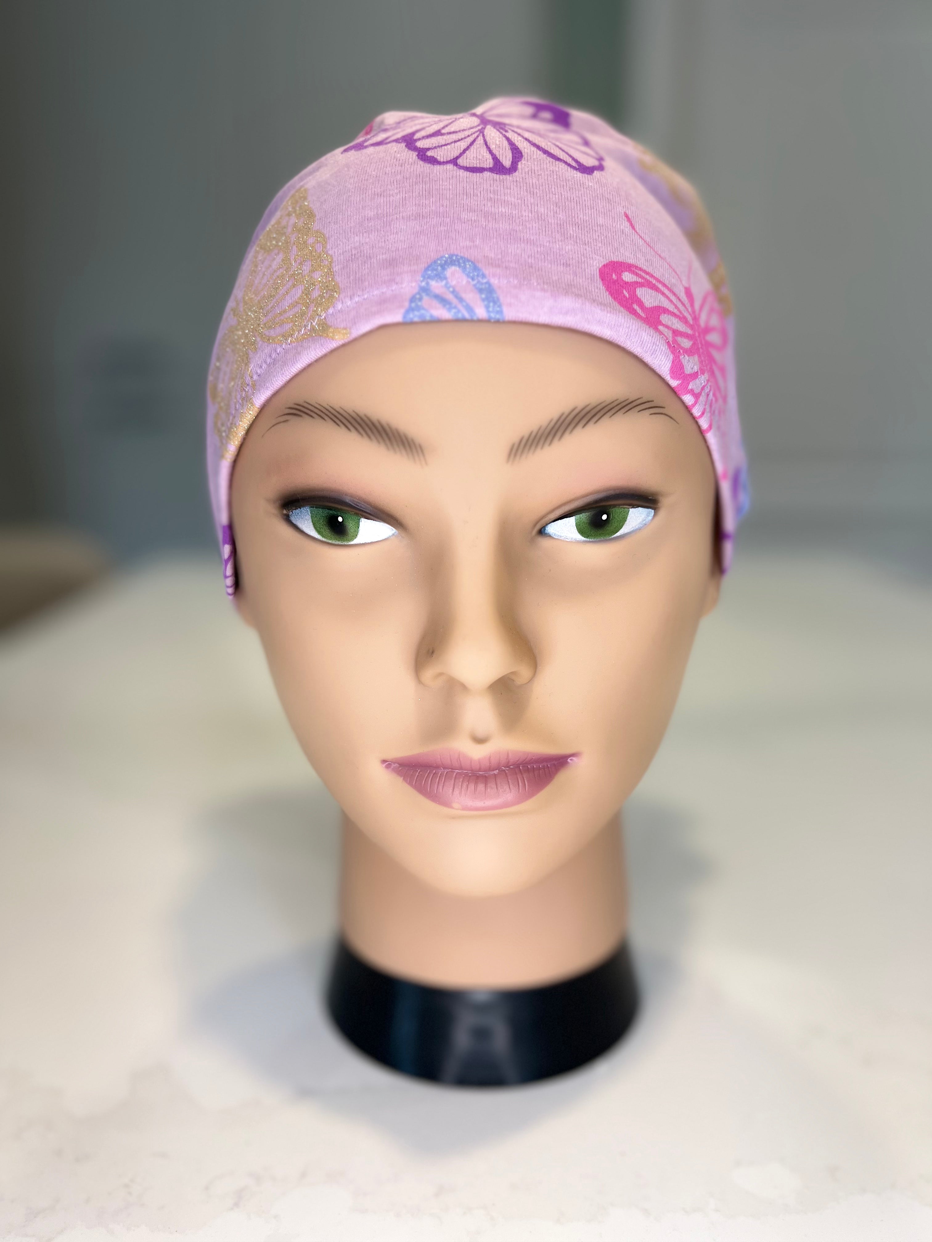 Lilac Butterfly Soft Jersey Fabric theatre scrub cap / hat.  Ethically made. Standard and Large size