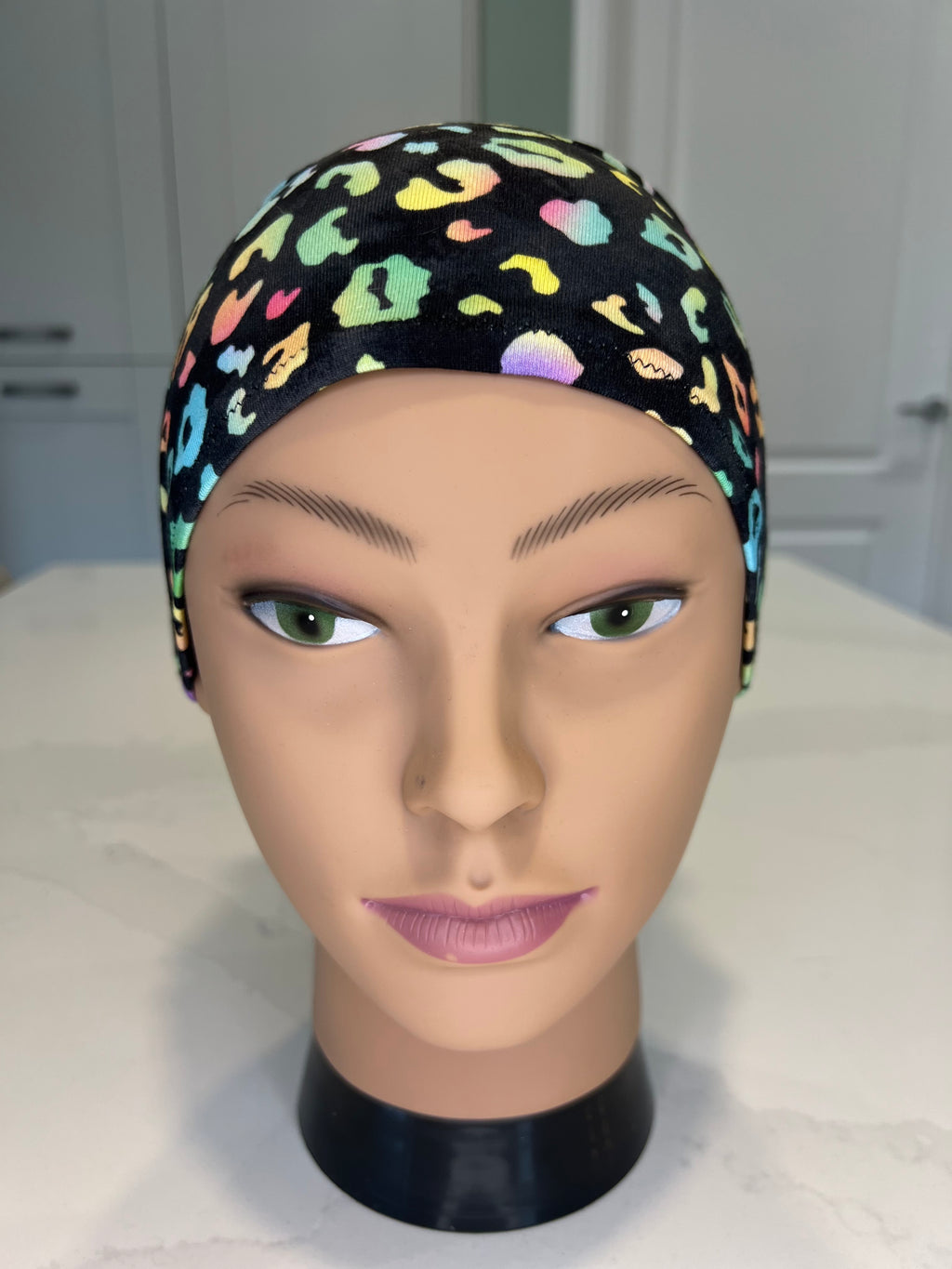 Black rainbow leopard print design Soft Bamboo Jersey Fabric theatre scrub cap / hat.  Ethically made.