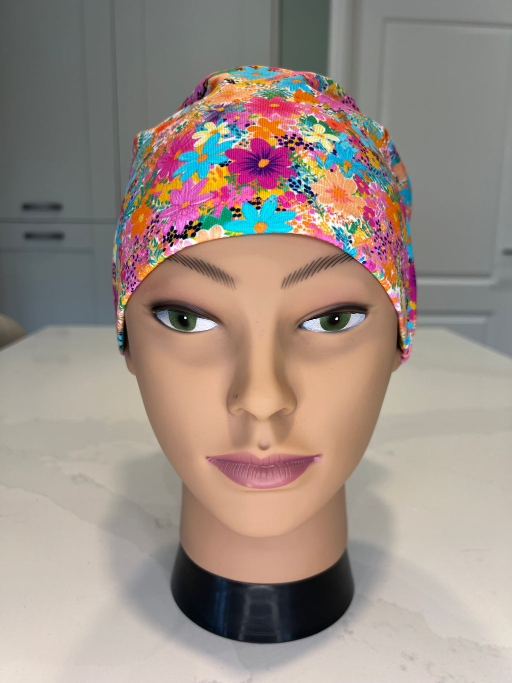 Bright Floral Soft Jersey Fabric theatre scrub cap / hat.  Ethically made. Standard and Large size