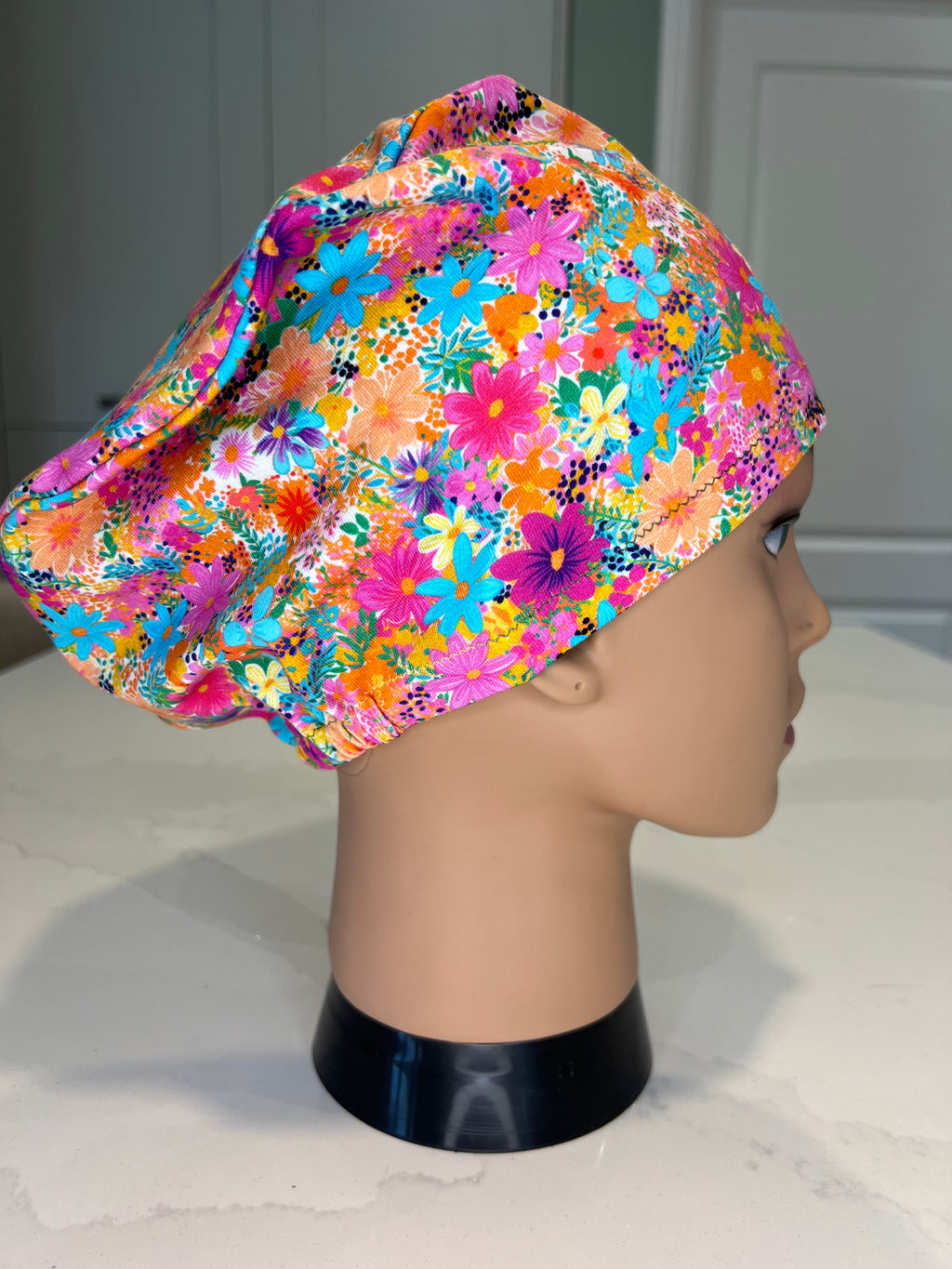 Bright Floral Soft Jersey Fabric theatre scrub cap / hat.  Ethically made. Standard and Large size