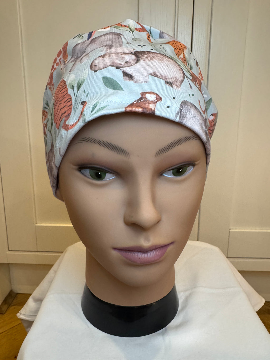 Pale Blue Safari Animals Premium Jersey super soft and smooth cotton theatre scrub hat/cap