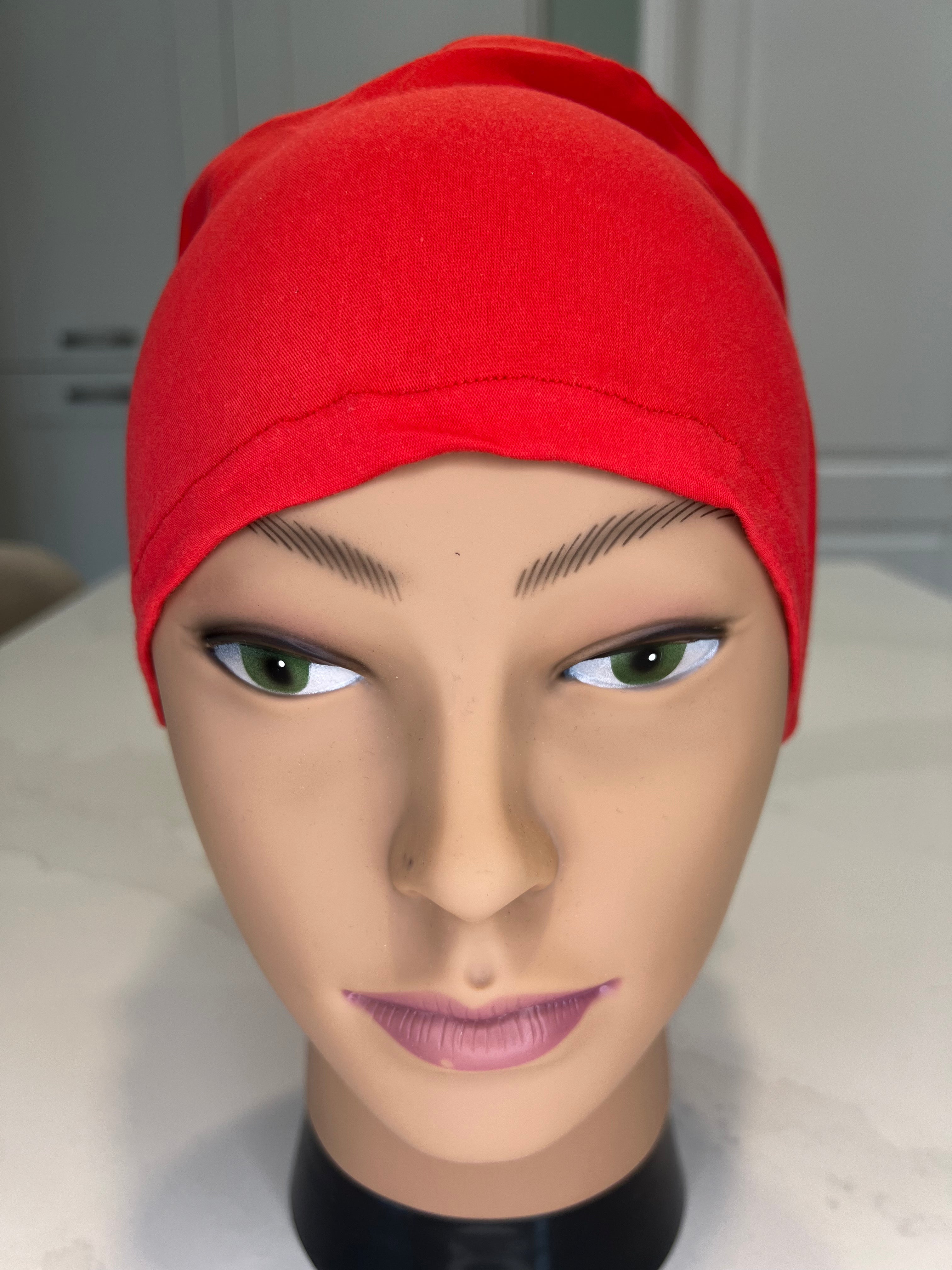 Plain red Soft Jersey Fabric theatre scrub cap / hat.  Ethically made.