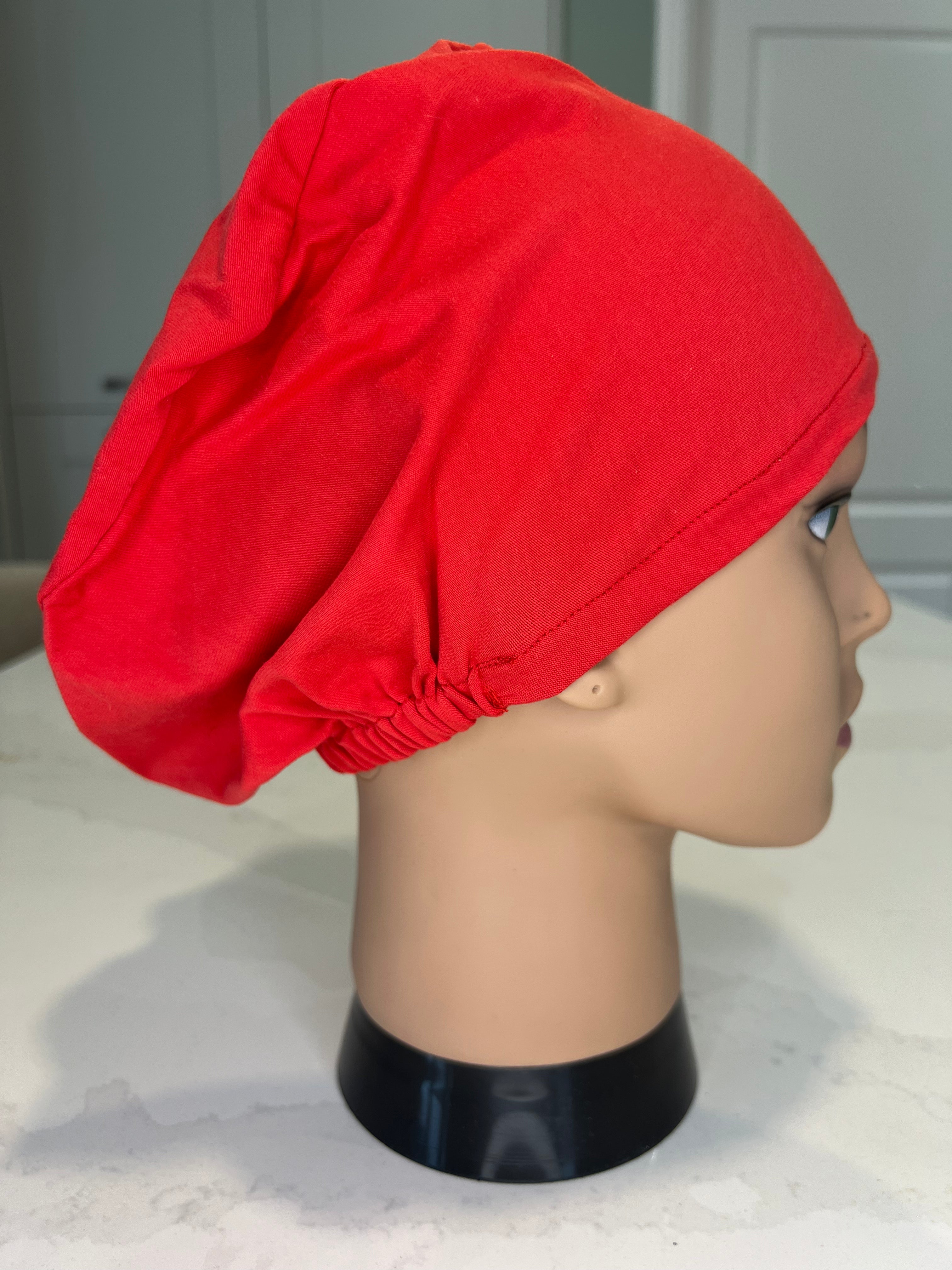 Plain red Soft Jersey Fabric theatre scrub cap / hat.  Ethically made.