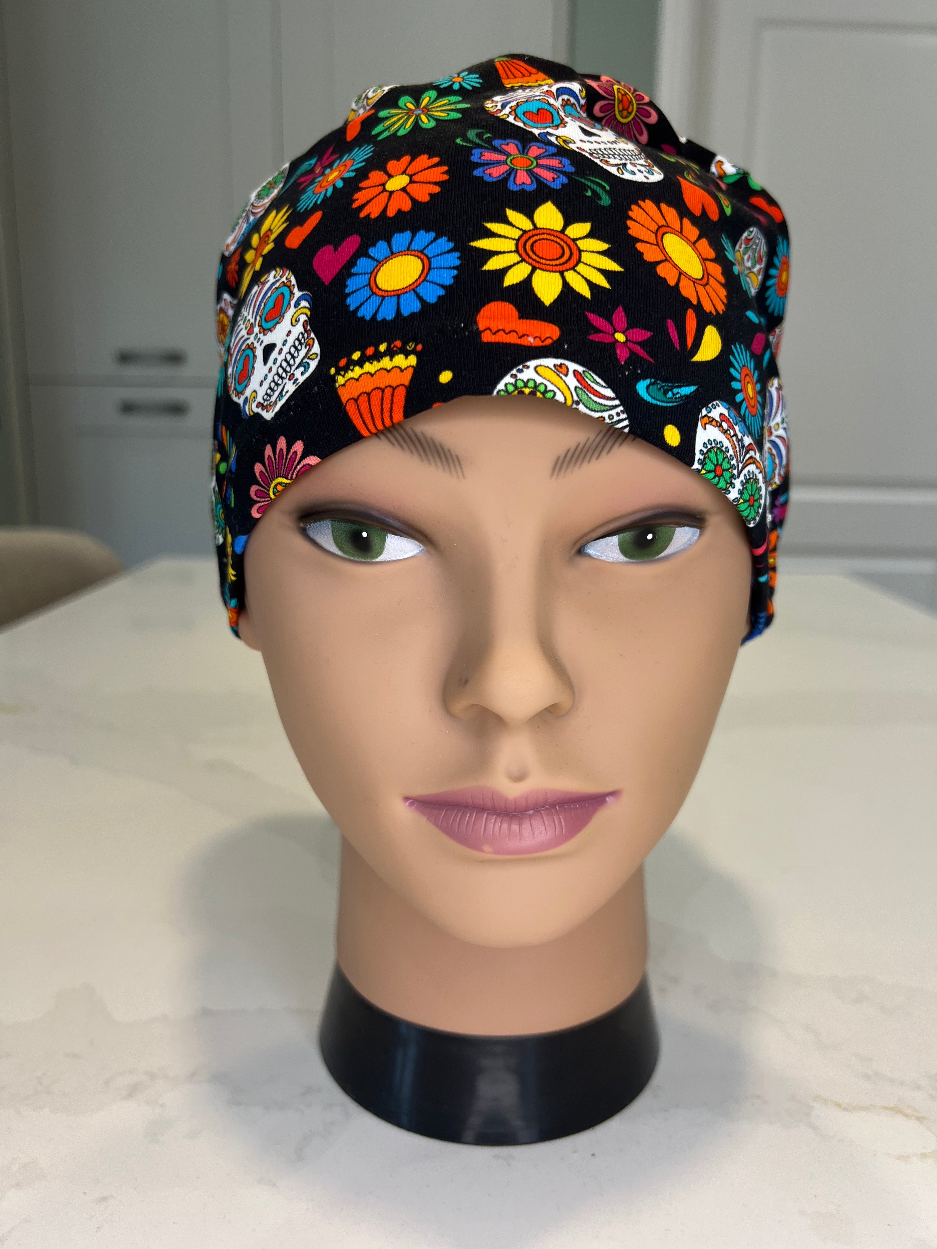 Day of the Dead Jersey Fabric theatre scrub cap / hat.  Ethically made. Standard and Large size