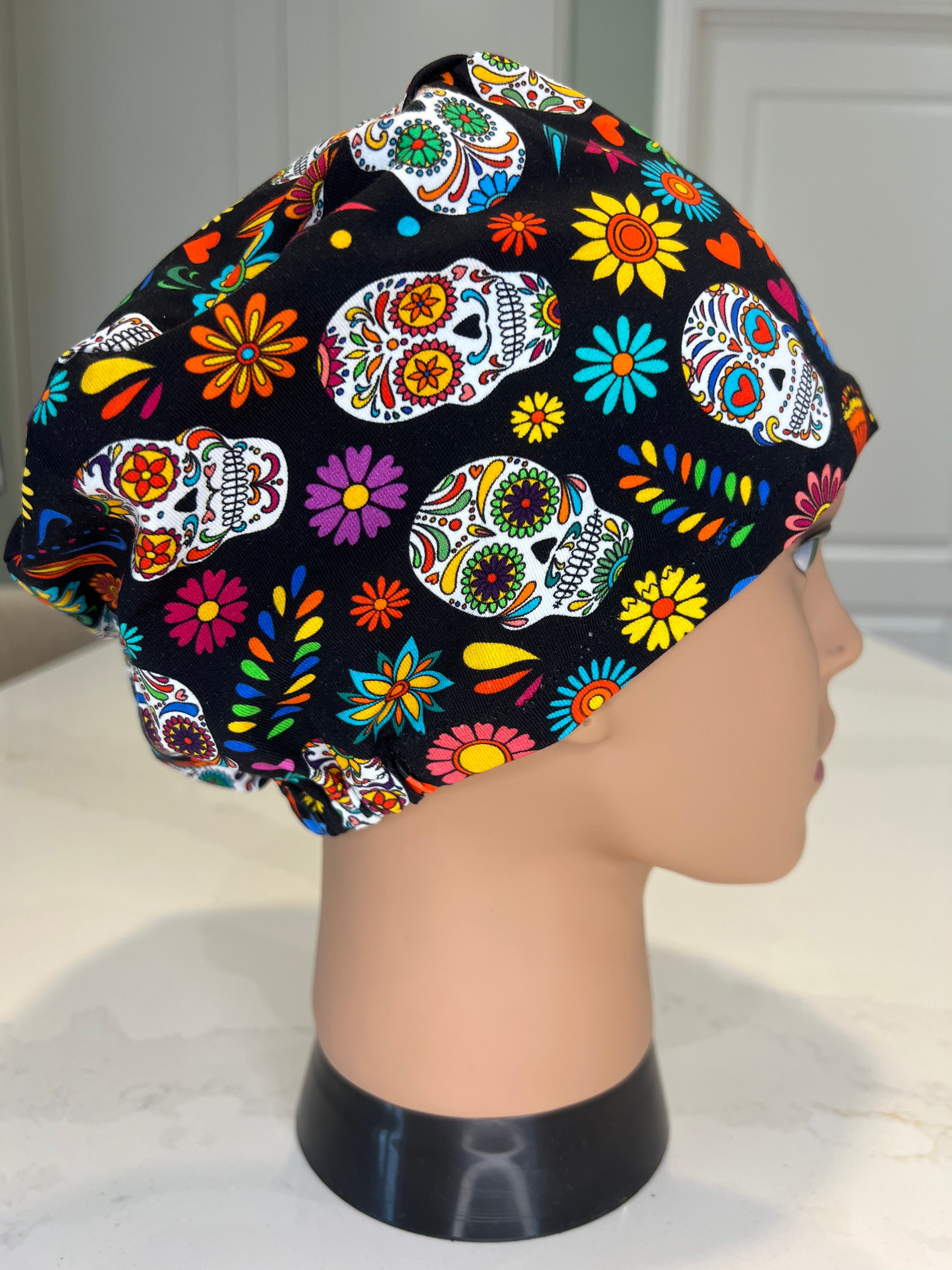 Day of the Dead Jersey Fabric theatre scrub cap / hat.  Ethically made. Standard and Large size