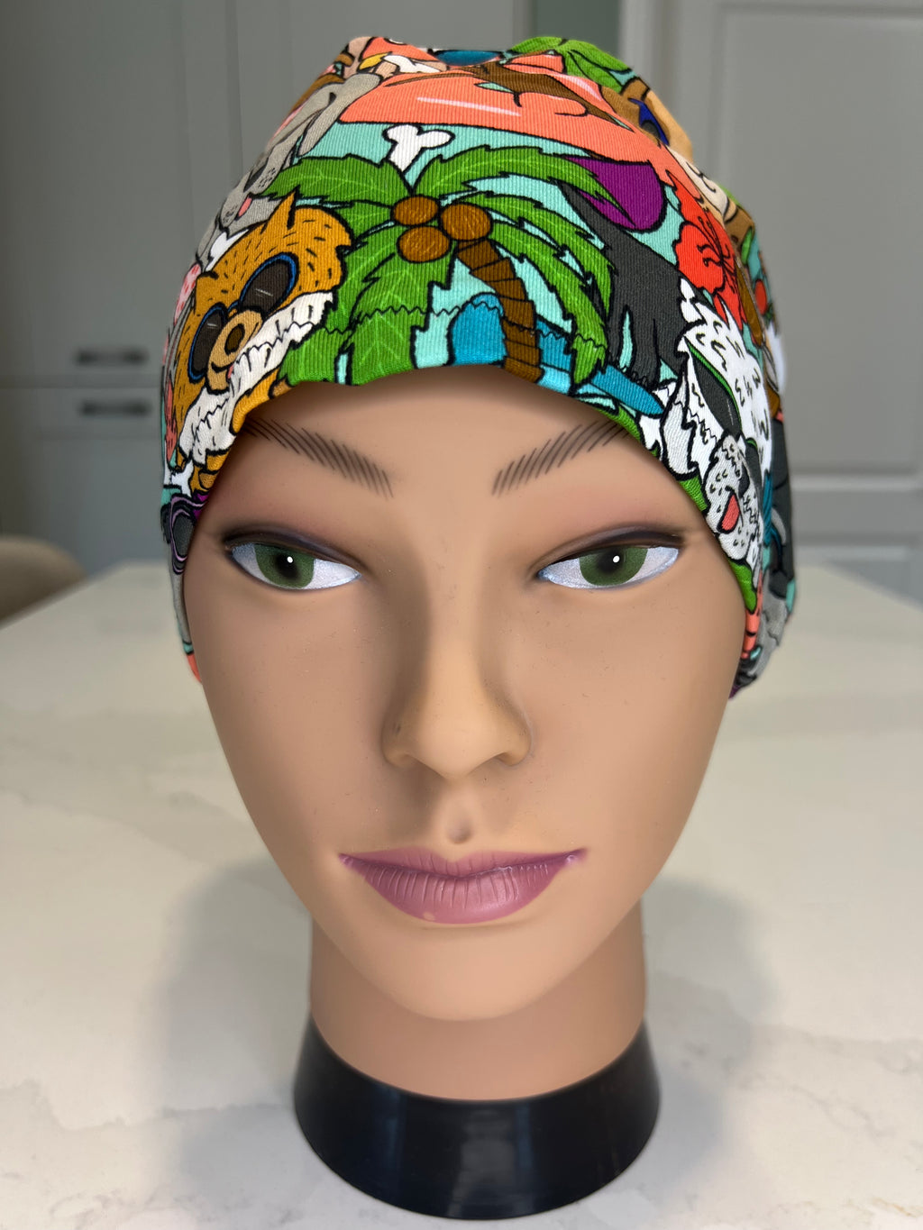 Dogs on Holiday Soft Jersey Fabric theatre scrub cap / hat.  Ethically made. Standard and Large size