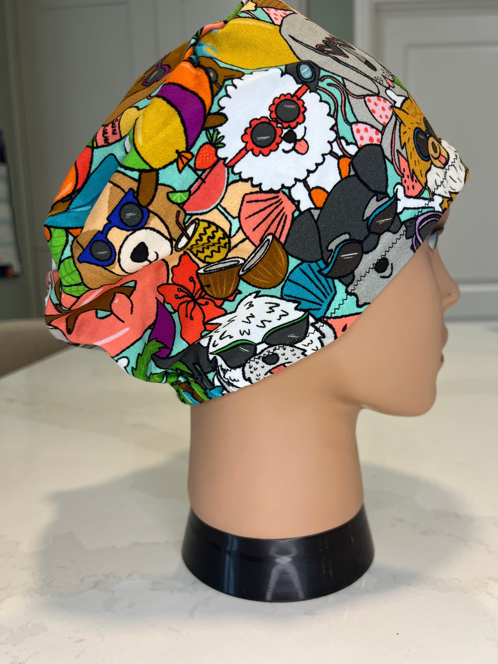 Dogs on Holiday Soft Jersey Fabric theatre scrub cap / hat.  Ethically made. Standard and Large size