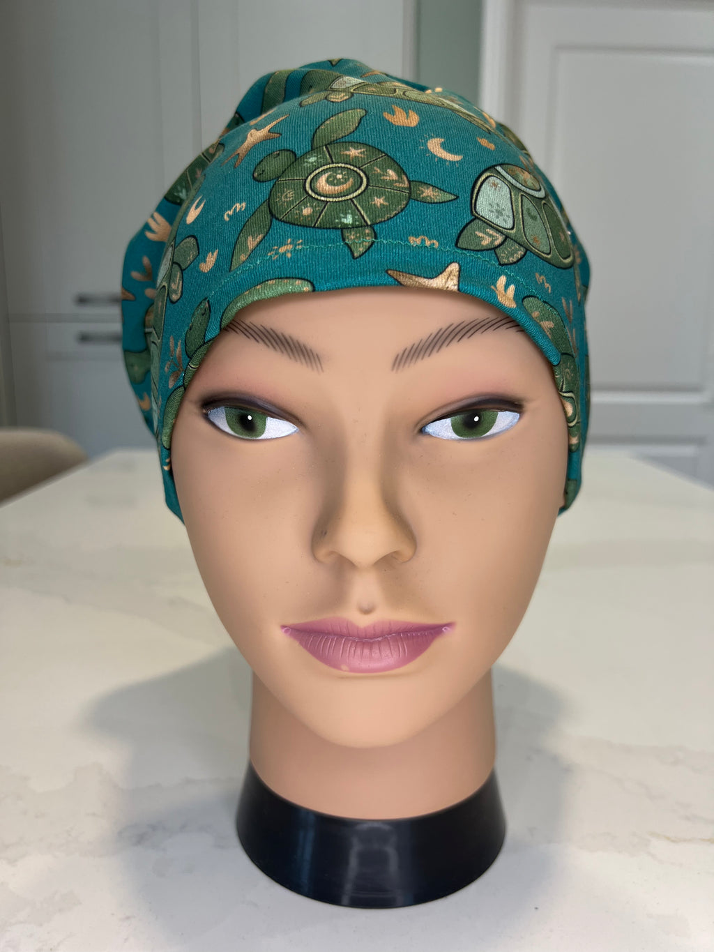 Teal Turtles Soft Jersey Fabric theatre scrub cap / hat.  Ethically made. Standard and Large size