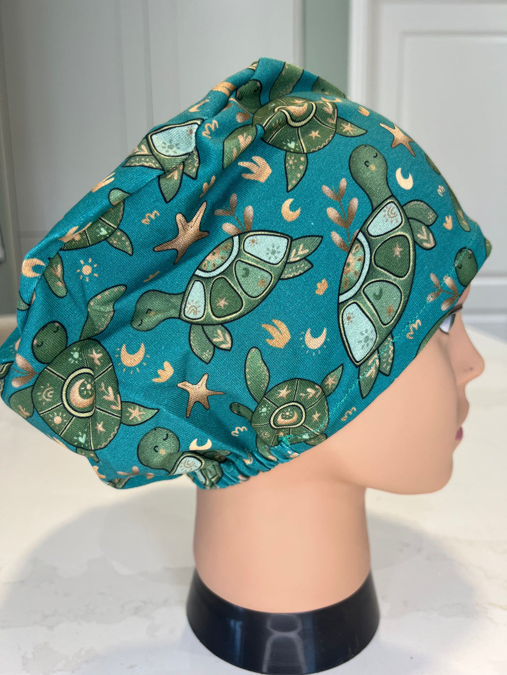 Teal Turtles Soft Jersey Fabric theatre scrub cap / hat.  Ethically made. Standard and Large size