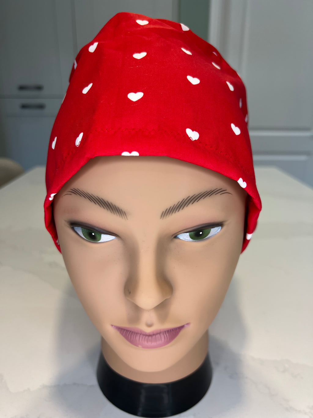 Red and White Heart design Satin-lined fabric theatre scrub cap / hat.  Ethically made.
