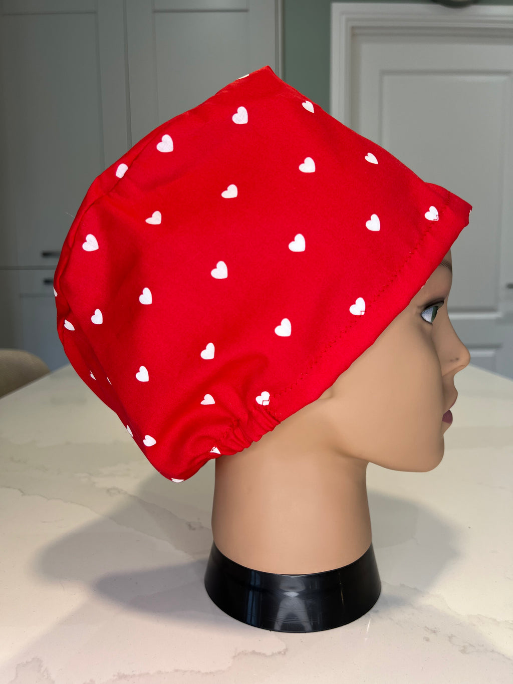Red and White Heart design Satin-lined fabric theatre scrub cap / hat.  Ethically made.