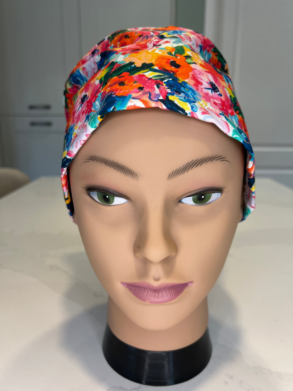 Watercolour Flower design Satin-lined fabric theatre scrub cap / hat.  Ethically made.