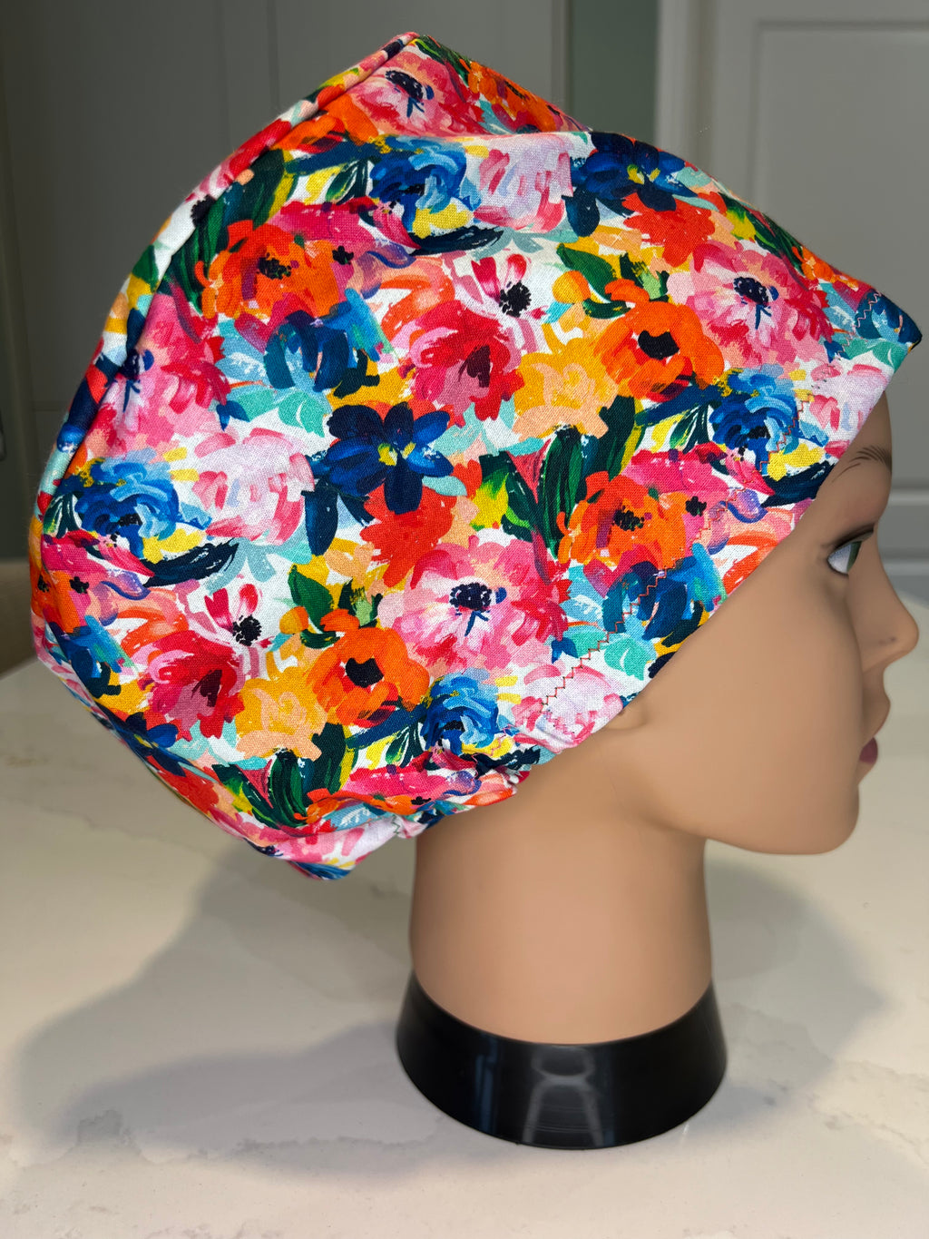 Watercolour Flower design Satin-lined fabric theatre scrub cap / hat.  Ethically made.