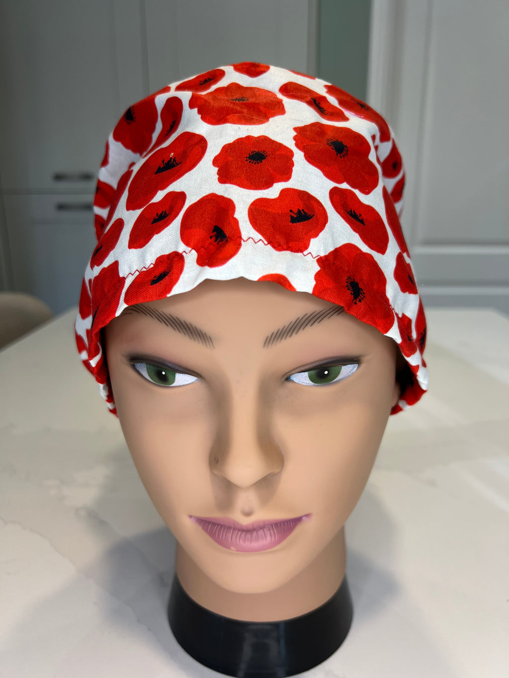 Red Poppies theatre scrub hat/cap - 100% cotton, Optional Satin lining