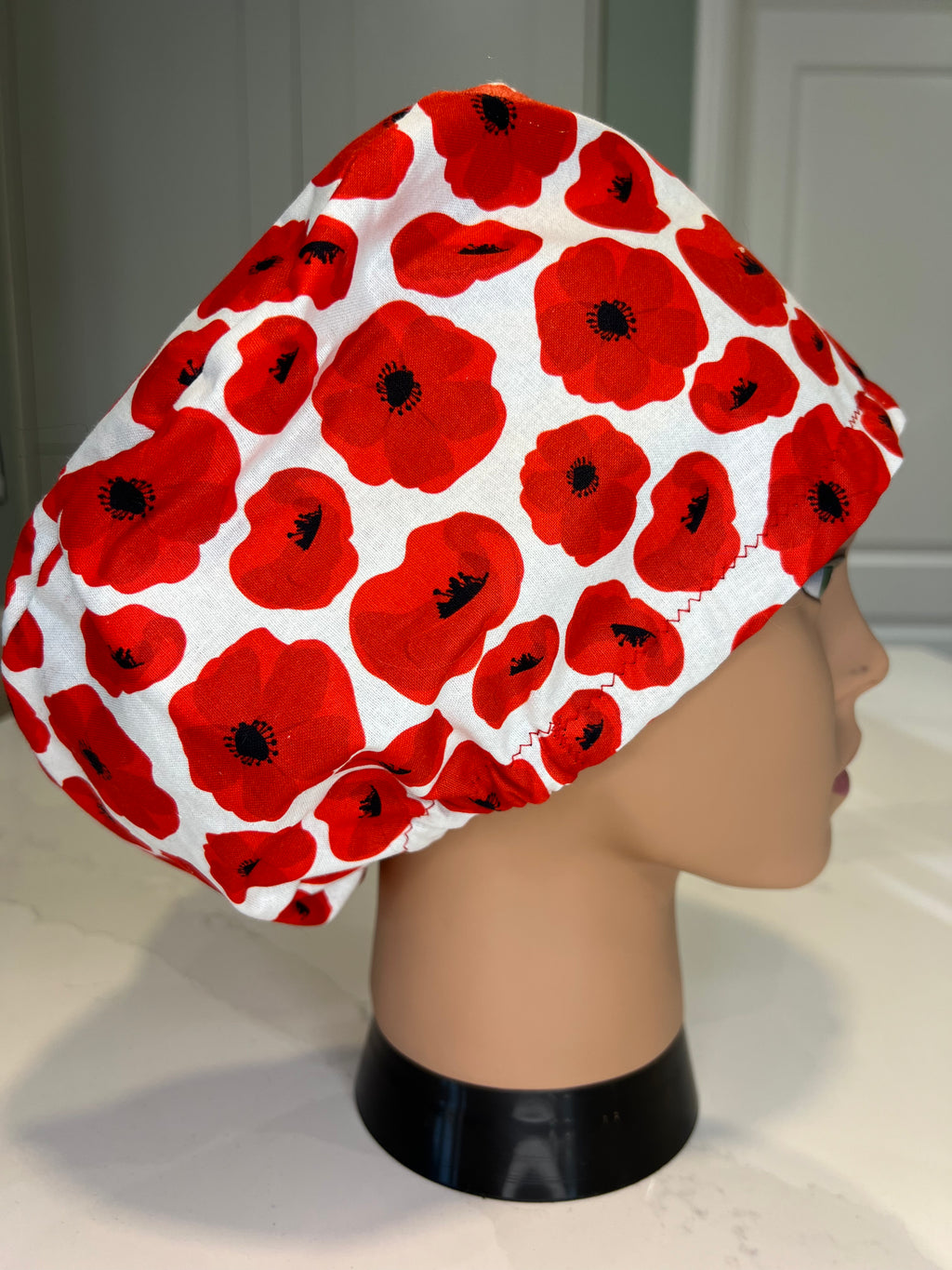 Red Poppies theatre scrub hat/cap - 100% cotton, Optional Satin lining