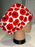 Red Poppies theatre scrub hat/cap - 100% cotton, Optional Satin lining