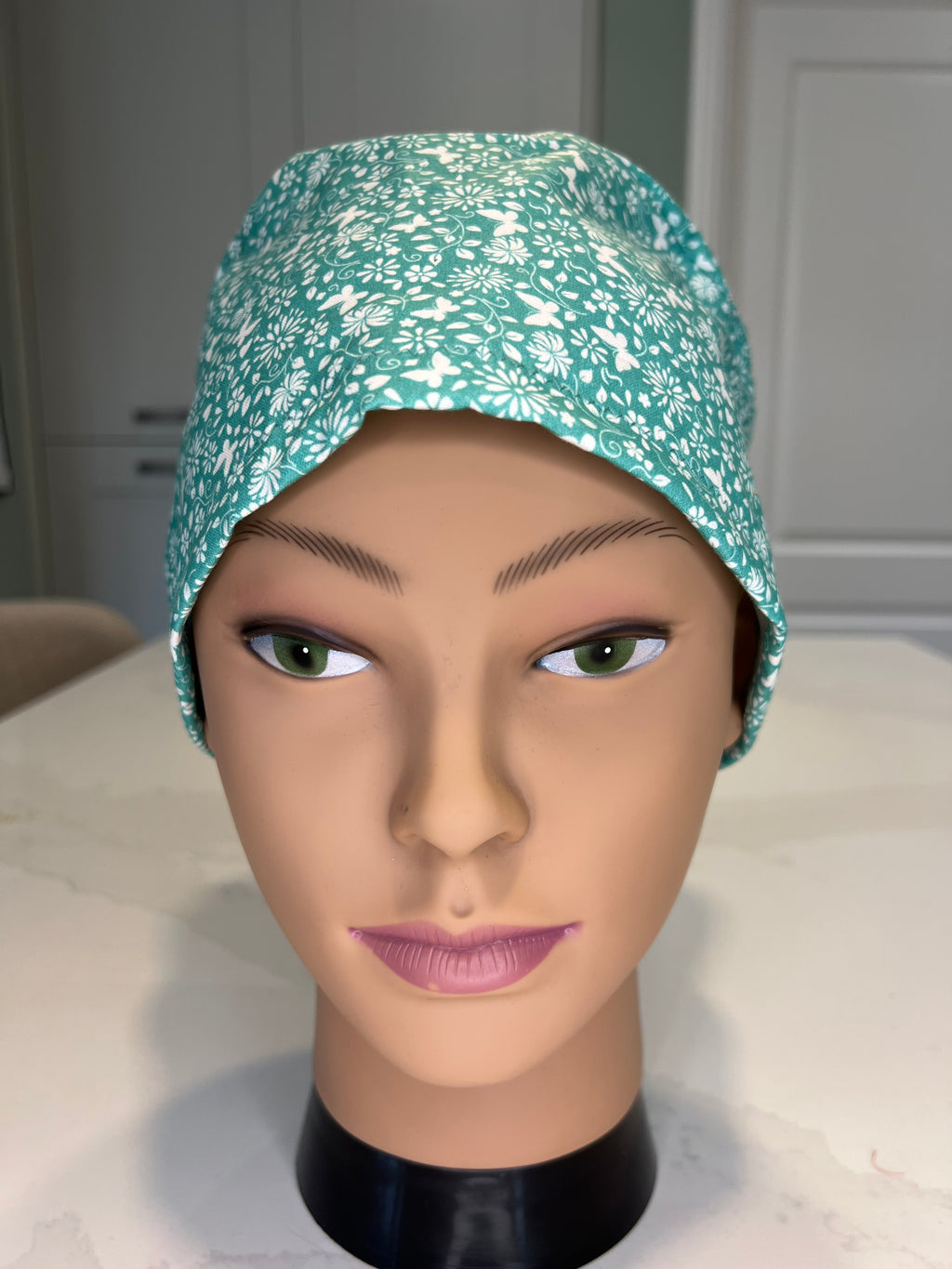 Mint Green Ditsy Flower and Butterfly Satin-lined fabric theatre scrub cap / hat.  Ethically made.