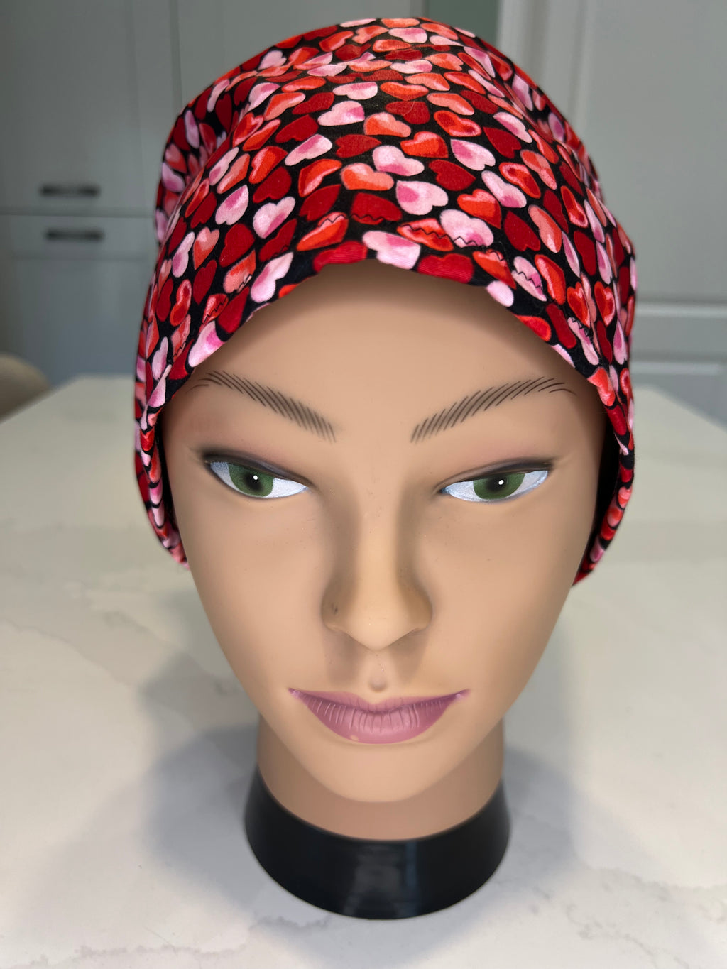 Red and Pink Love Hearts design Satin-lined fabric theatre scrub cap / hat.  Ethically made.
