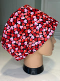 Red and Pink Love Hearts design Satin-lined fabric theatre scrub cap / hat.  Ethically made.