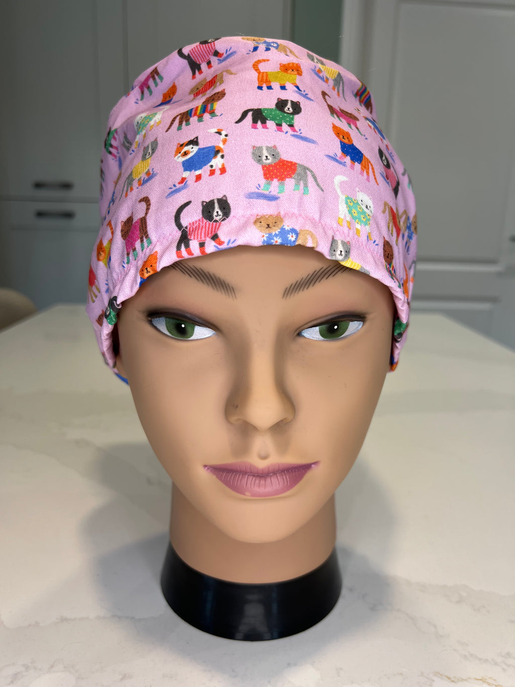 Pink Cats in Puddles Satin-lined fabric theatre scrub cap / hat.  Ethically made.