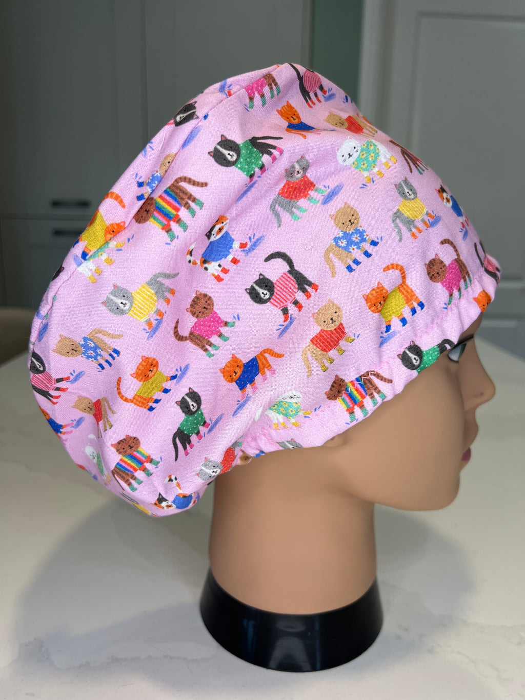 Pink Cats in Puddles Satin-lined fabric theatre scrub cap / hat.  Ethically made.