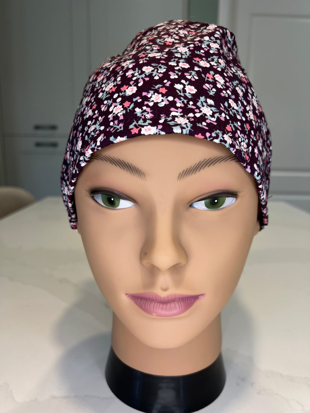 Plum-coloured ditsy floral 100% Cotton fabric theatre scrub cap / hat Optional Satin-lining