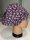 Plum-coloured ditsy floral 100% Cotton fabric theatre scrub cap / hat Optional Satin-lining