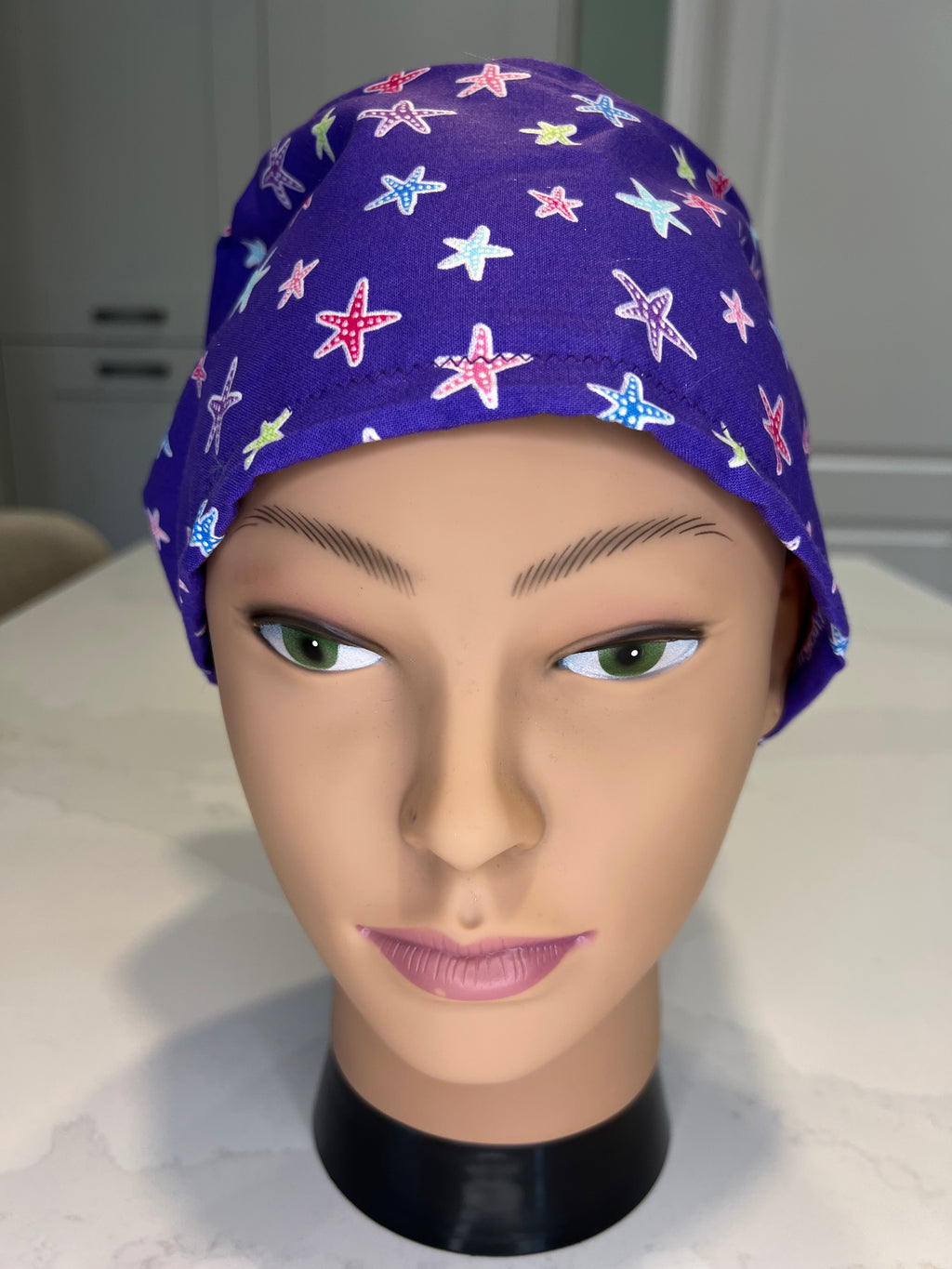 Purple Starfish Satin-lined fabric theatre scrub cap / hat.  Ethically made.
