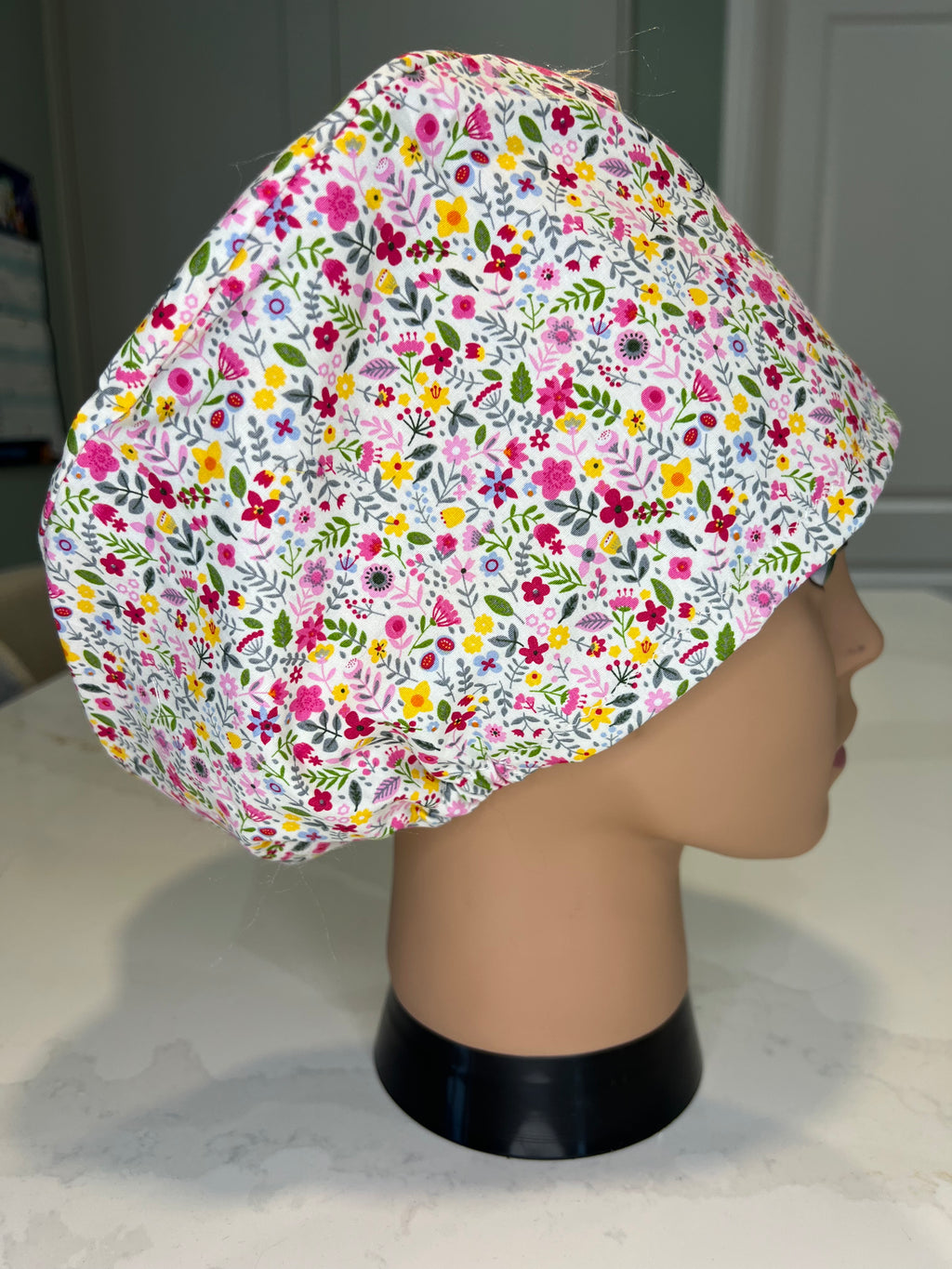 Pink and Red Ditsy Floral design Satin-lined fabric theatre scrub cap / hat.  Ethically made.