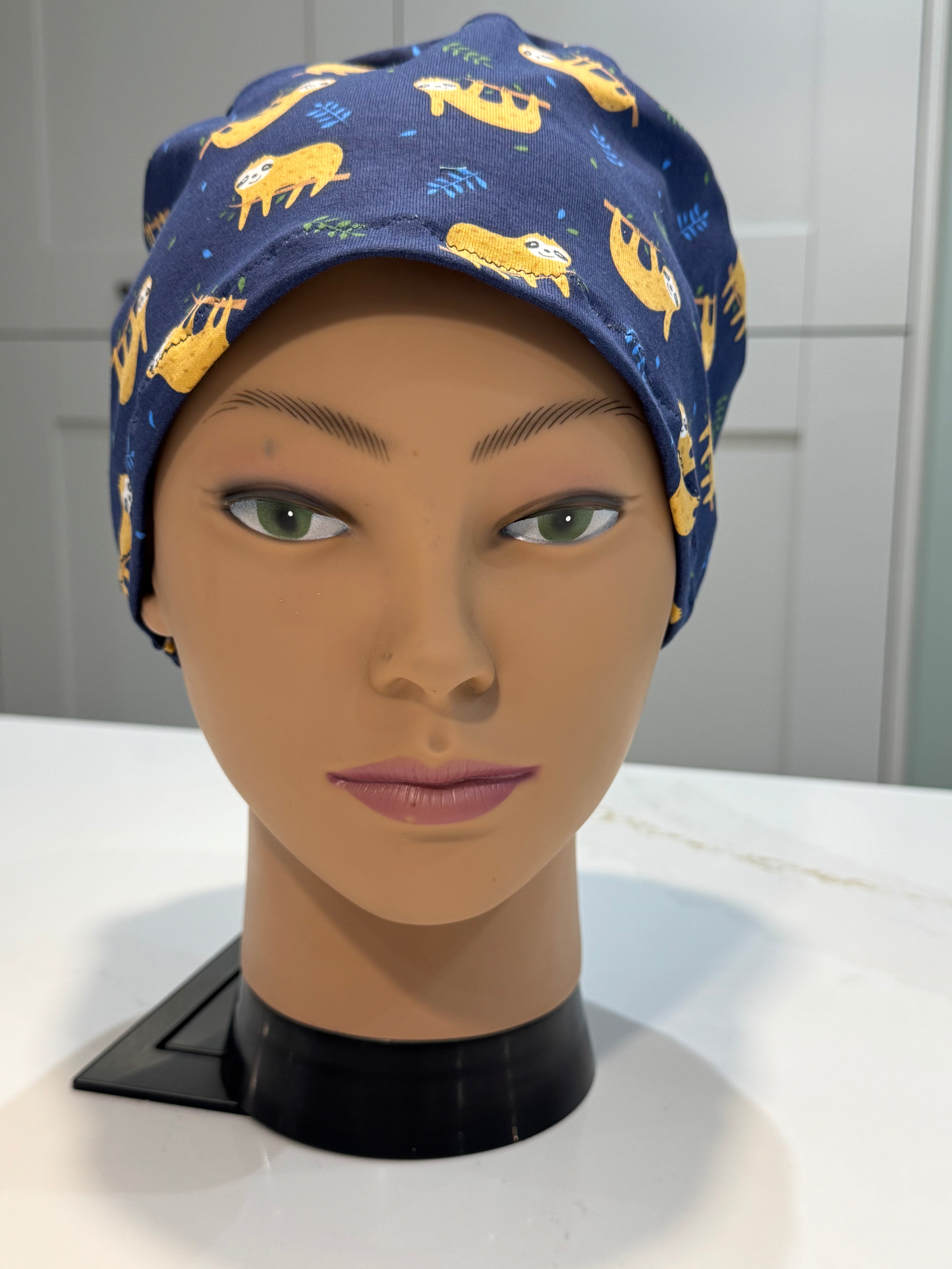 Smiling Sloths Navy Premium Cotton Jersey super soft theatre scrub hat/cap