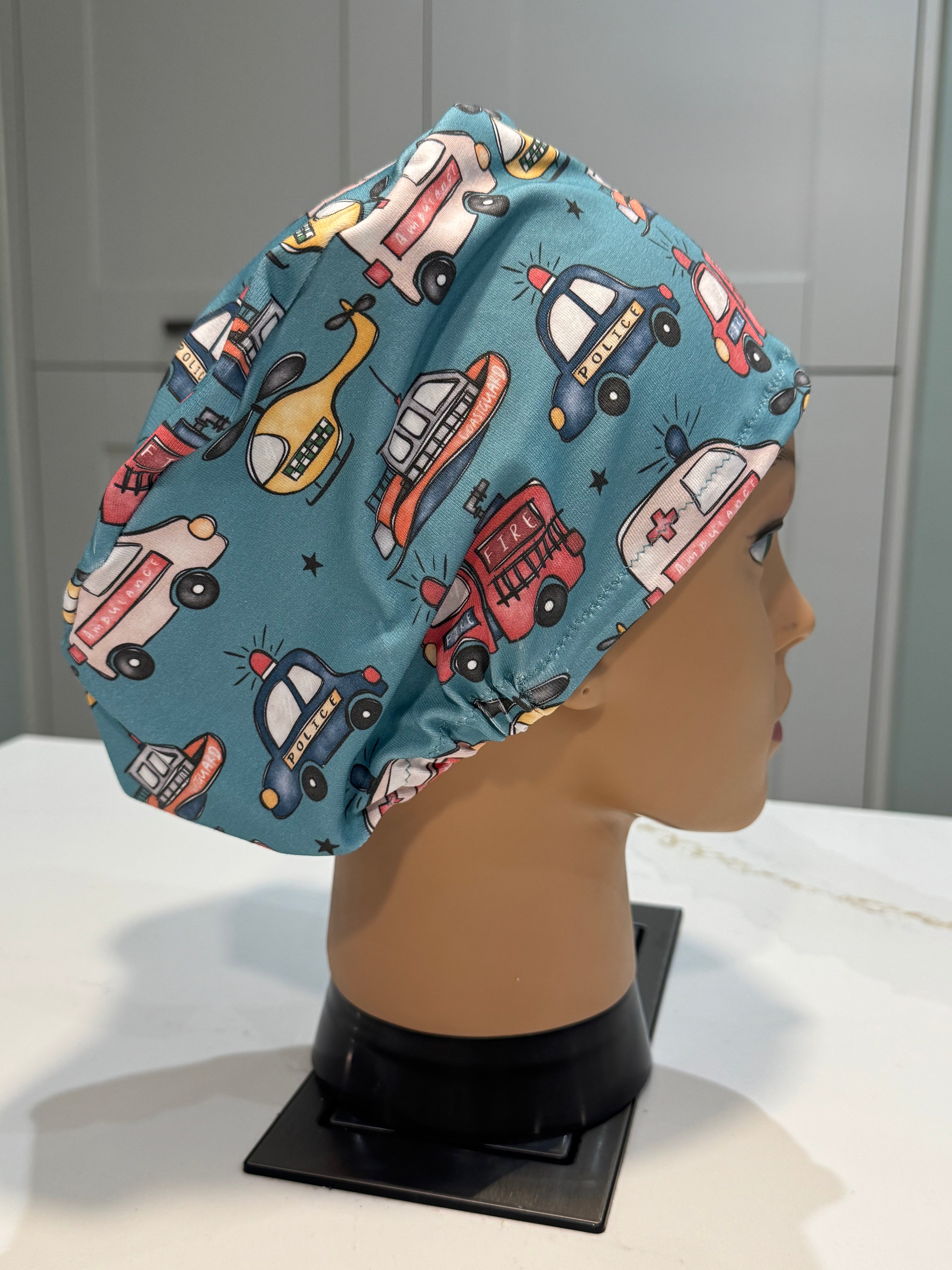 Emergency Vehicles Premium Cotton Jersey super soft theatre scrub hat/cap - Child/ Paediatrics friendly