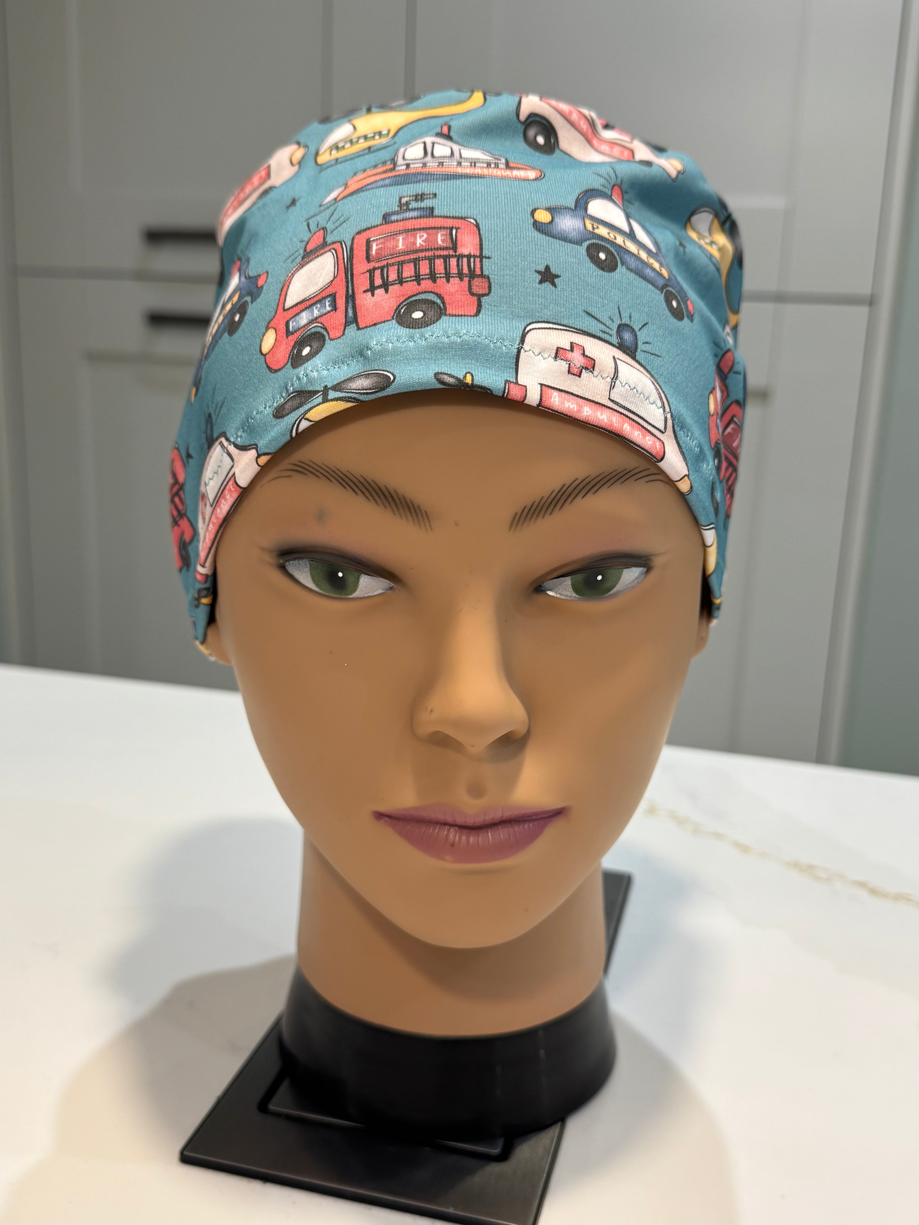 Emergency Vehicles Premium Cotton Jersey super soft theatre scrub hat/cap - Child/ Paediatrics friendly