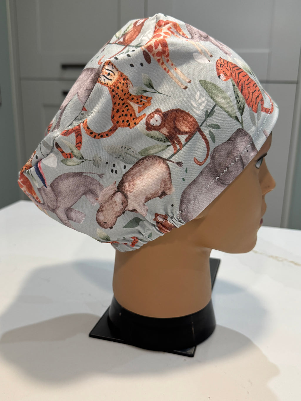 Pale Blue Safari Animals Premium Jersey super soft and smooth cotton theatre scrub hat/cap
