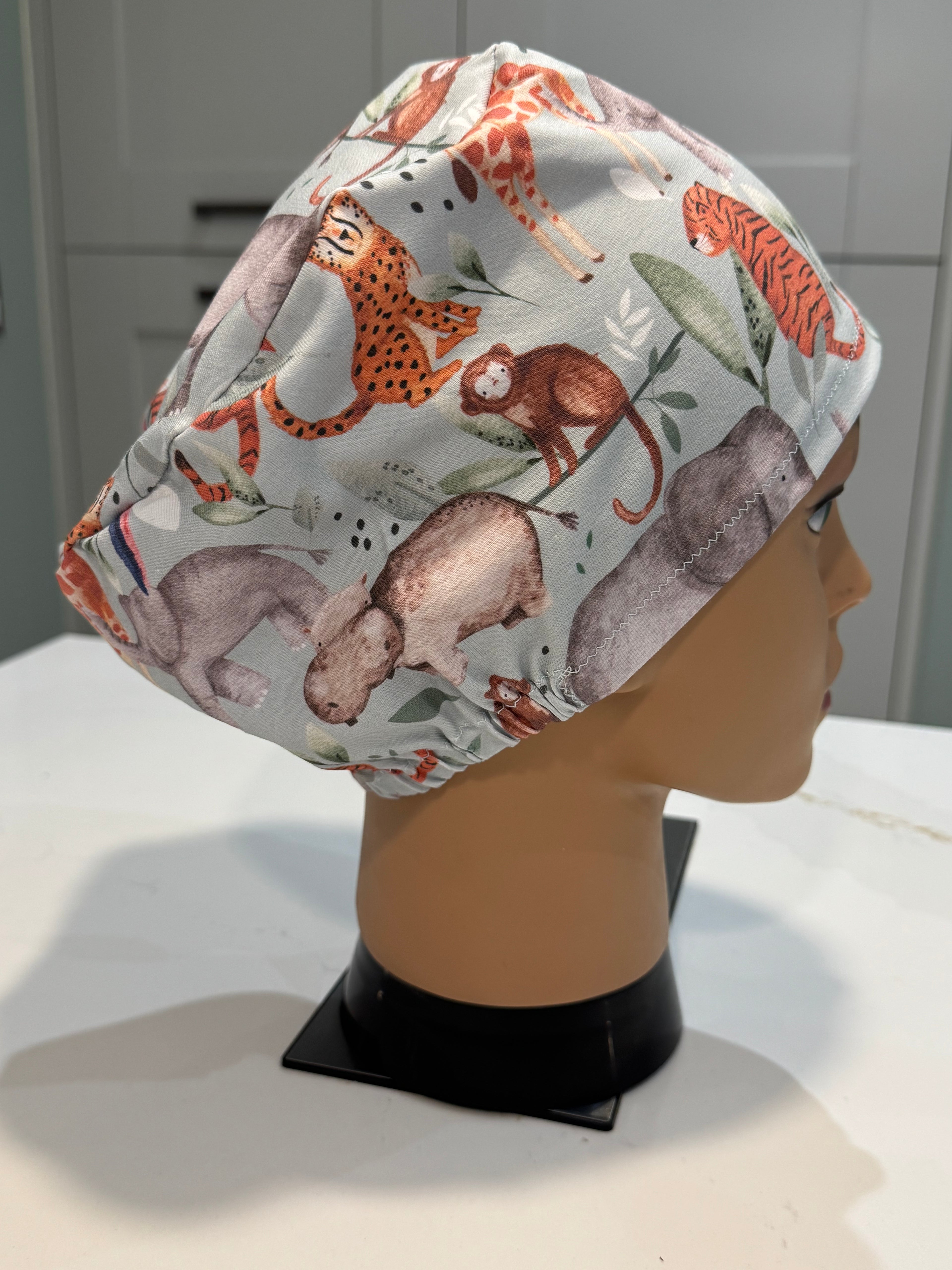 Pale Blue Safari Animals Premium Jersey super soft and smooth cotton theatre scrub hat/cap
