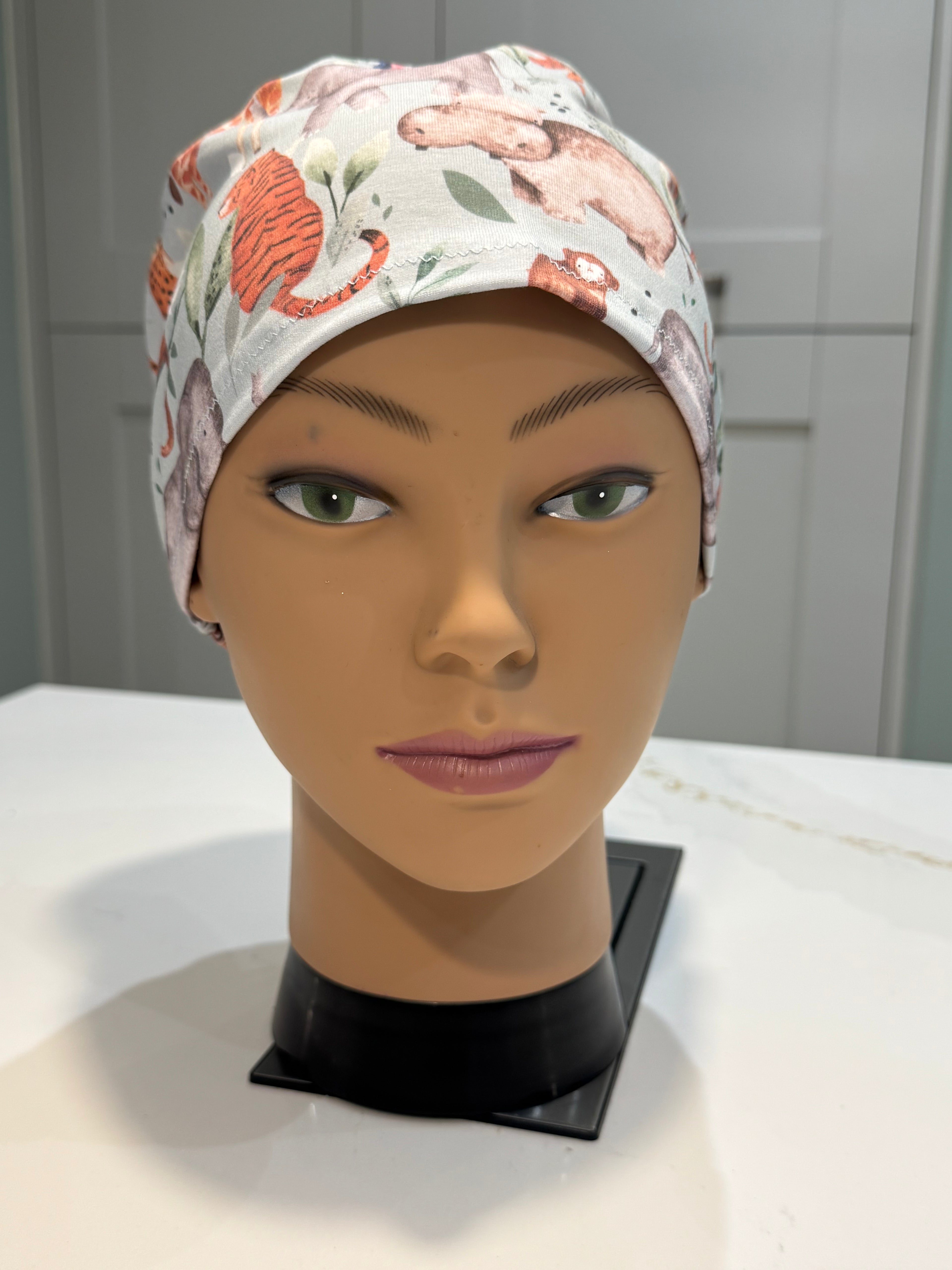 Pale Blue Safari Animals Premium Jersey super soft and smooth cotton theatre scrub hat/cap