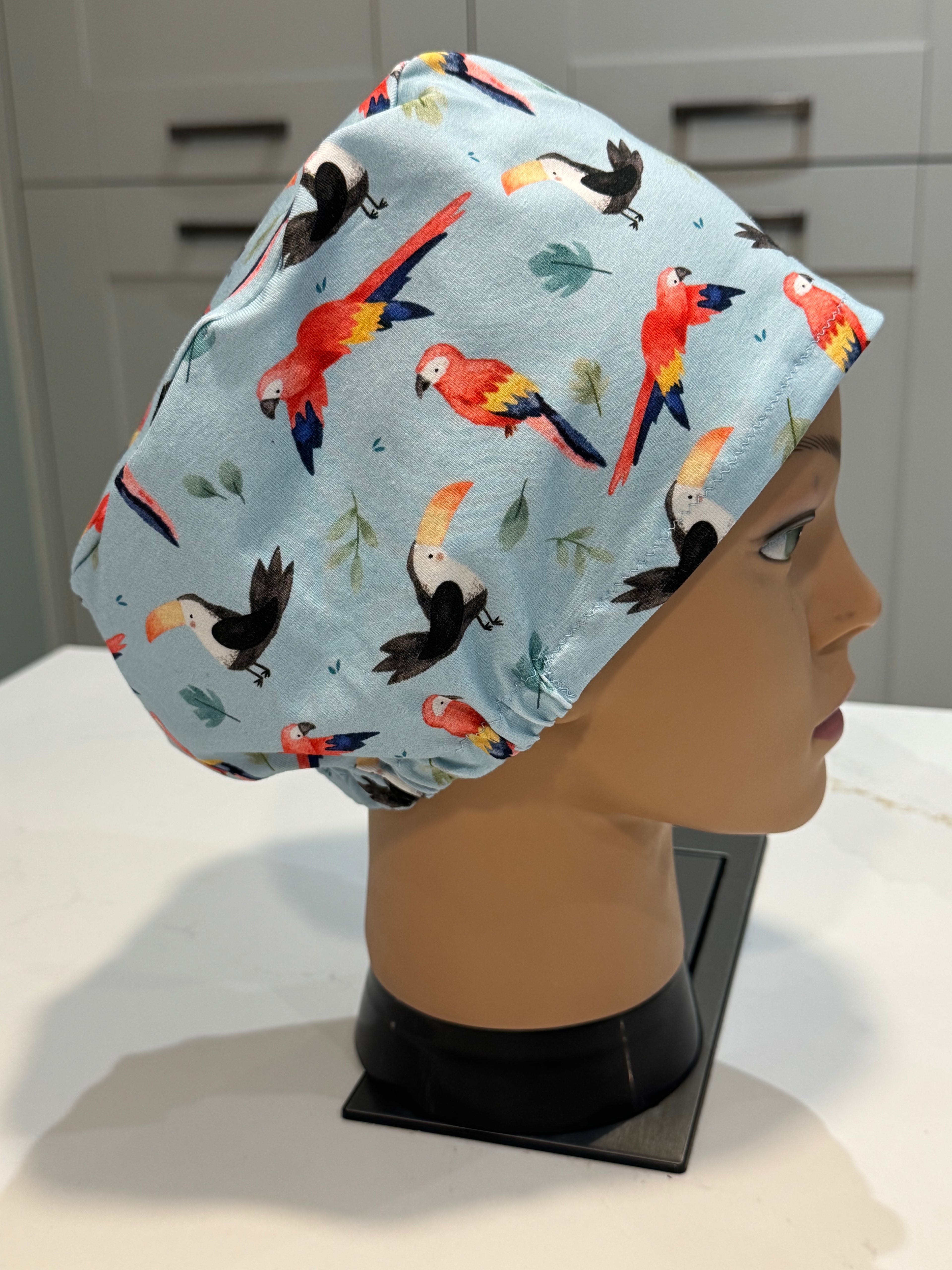 Macaws & Toucans PREMIUM JERSEY super soft and smooth cotton theatre scrub hat/cap.