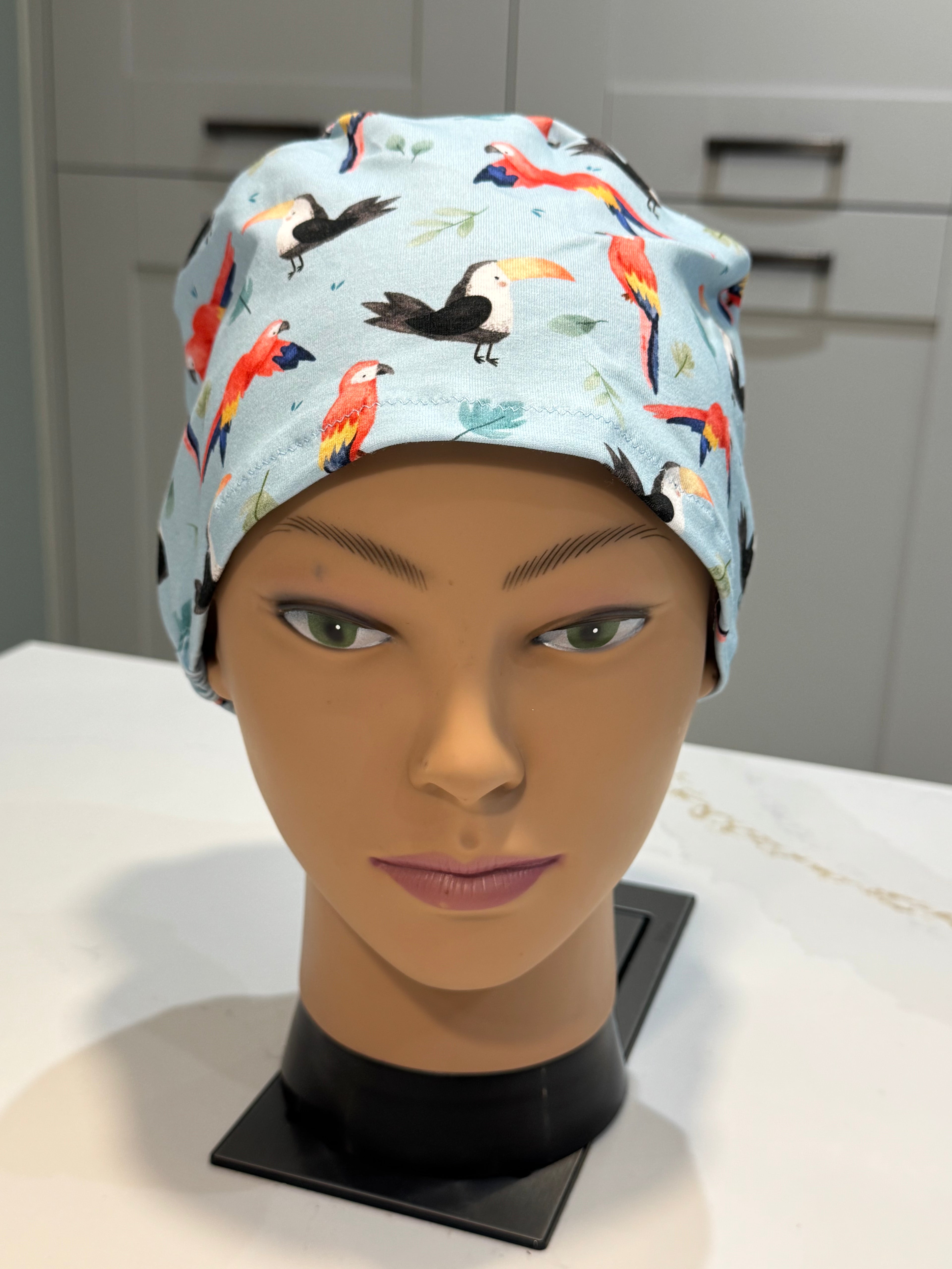 Macaws & Toucans PREMIUM JERSEY super soft and smooth cotton theatre scrub hat/cap.