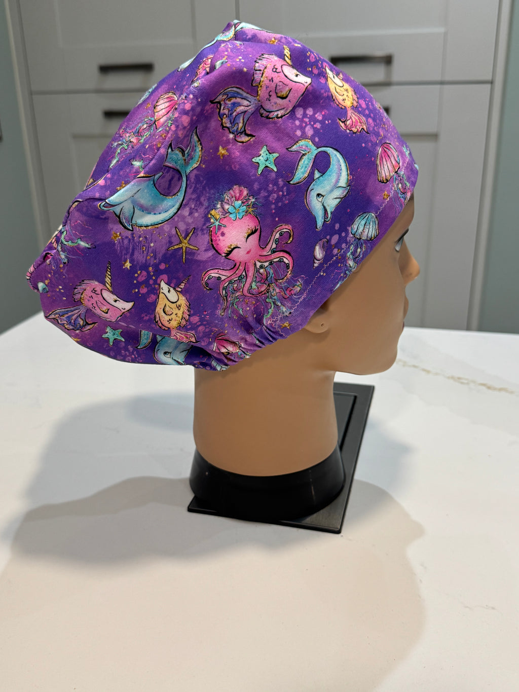 Smiling Sealife Purple Premium Cotton Jersey super soft theatre scrub hat/cap