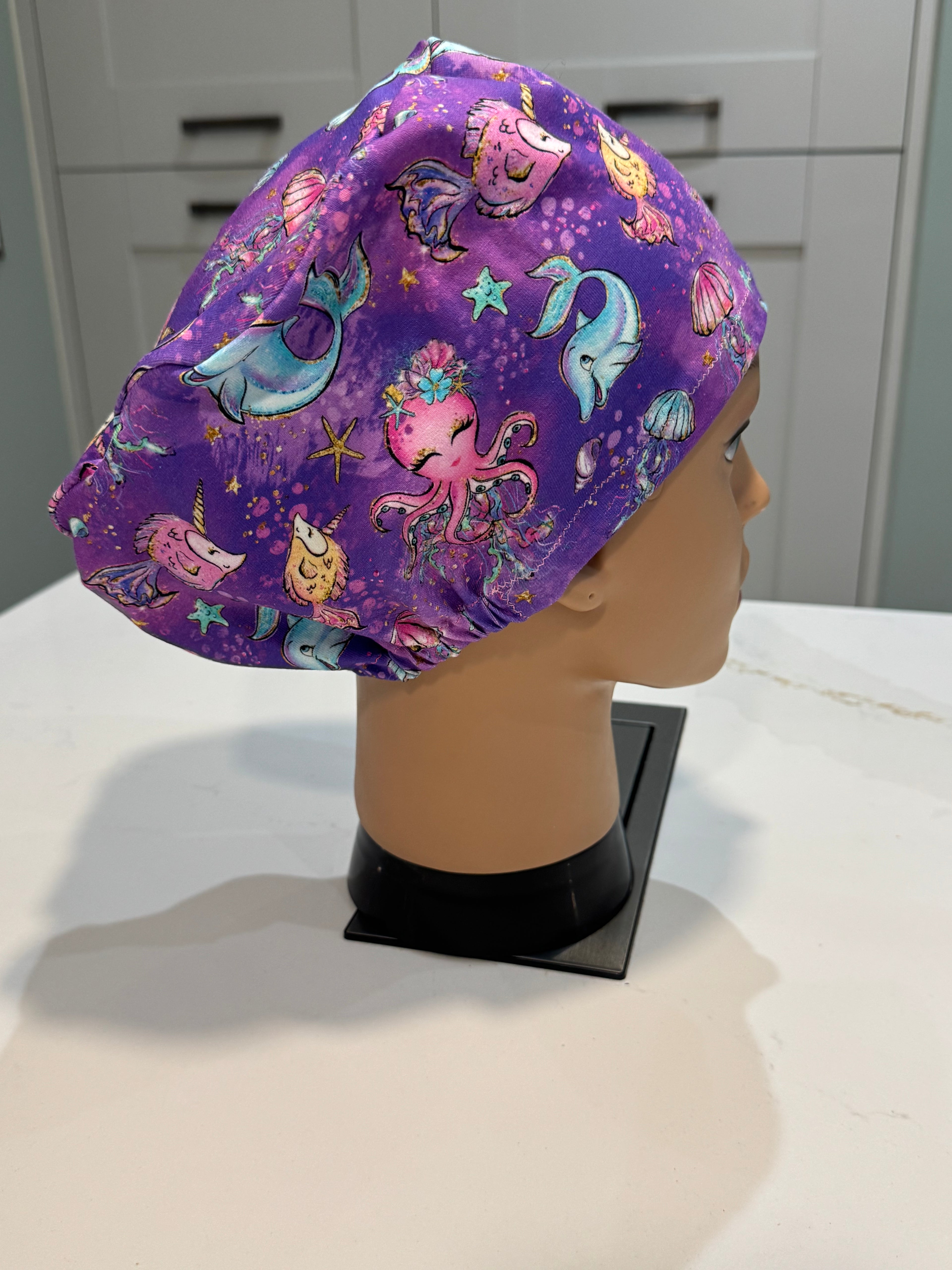 Smiling Sealife Purple Premium Cotton Jersey super soft theatre scrub hat/cap