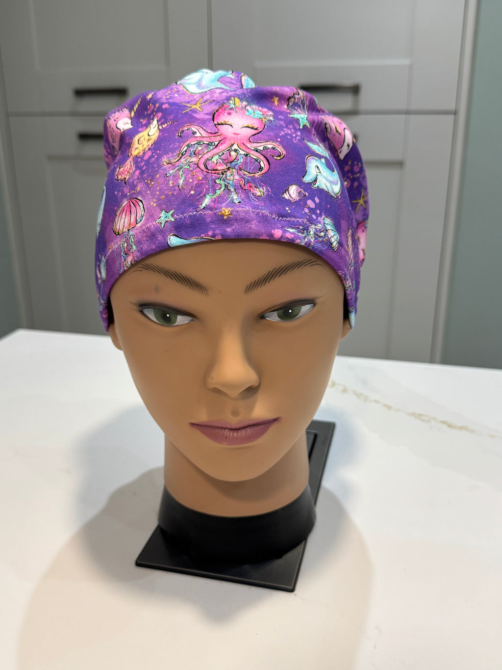 Smiling Sealife Purple Premium Cotton Jersey super soft theatre scrub hat/cap